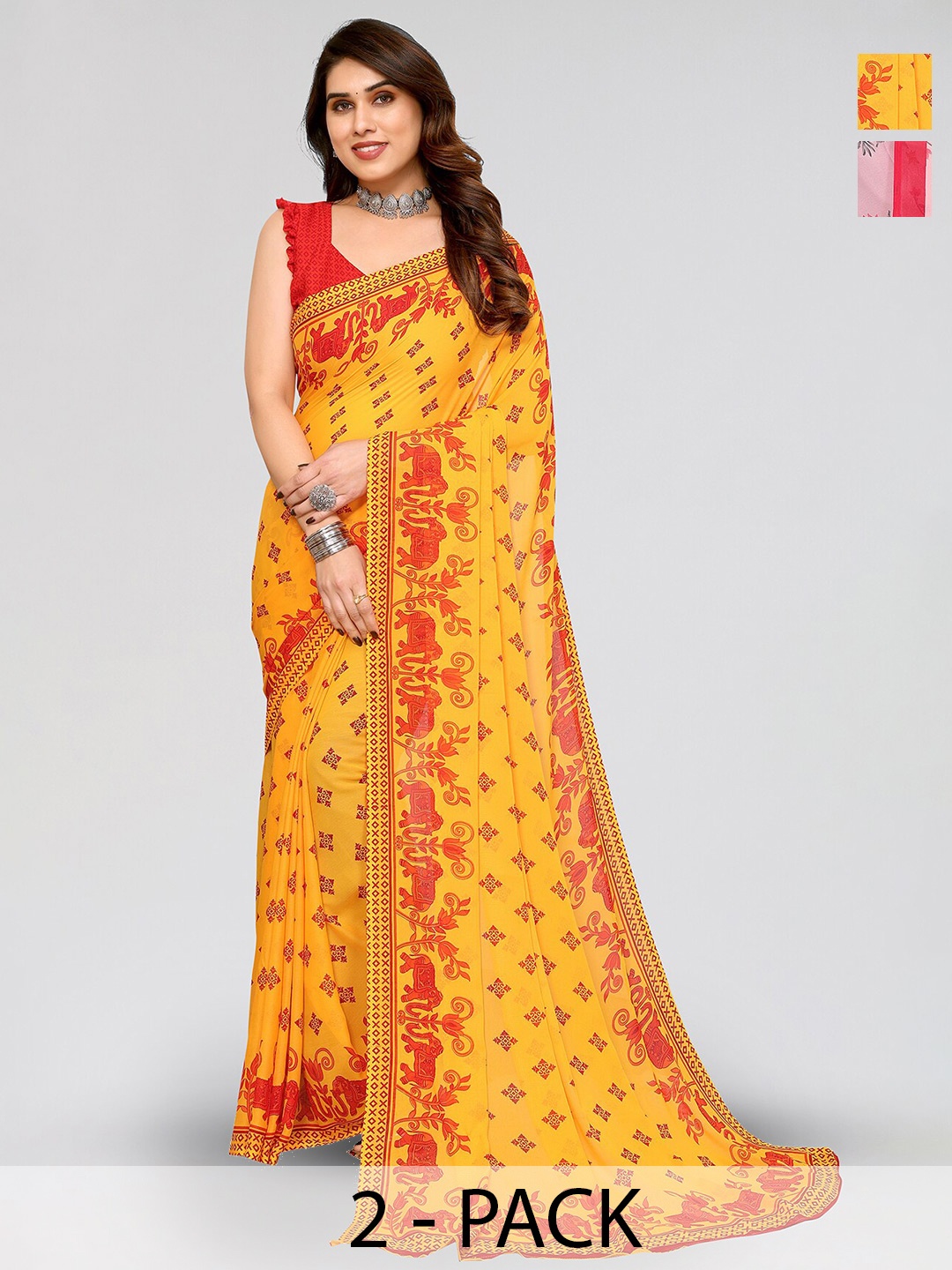 

ANAND SAREES Selection of 2 Floral Printed Sarees, Peach