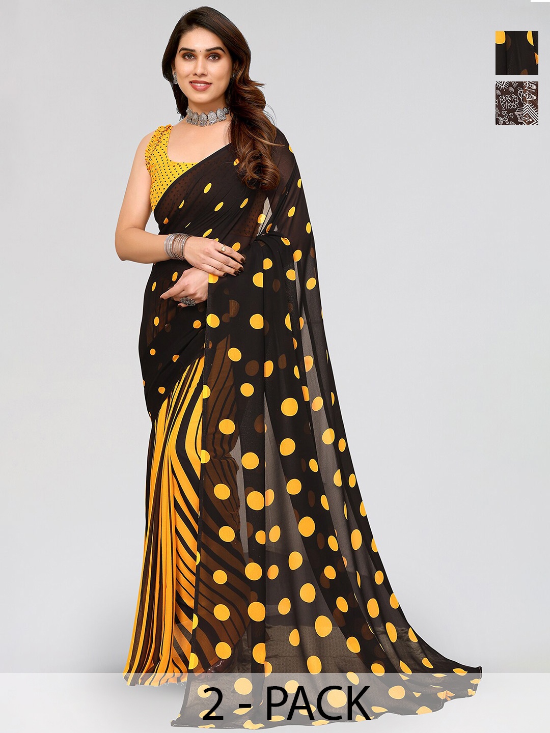 

ANAND SAREES Selection of 2 Polka Dot Printed Saree, Black