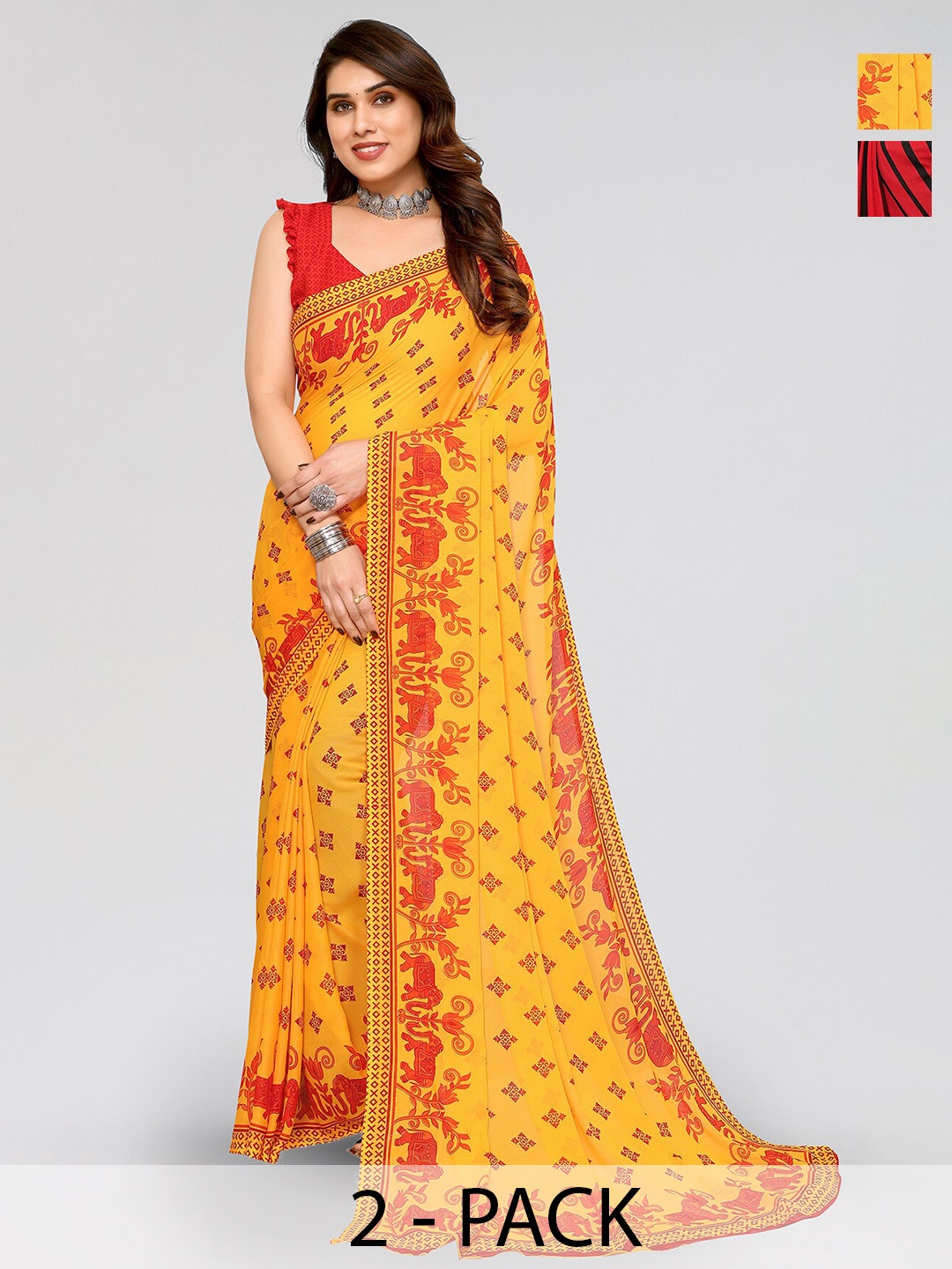 

ANAND SAREES Selection Of 2 Ethnic Motifs Printed Sarees, Yellow
