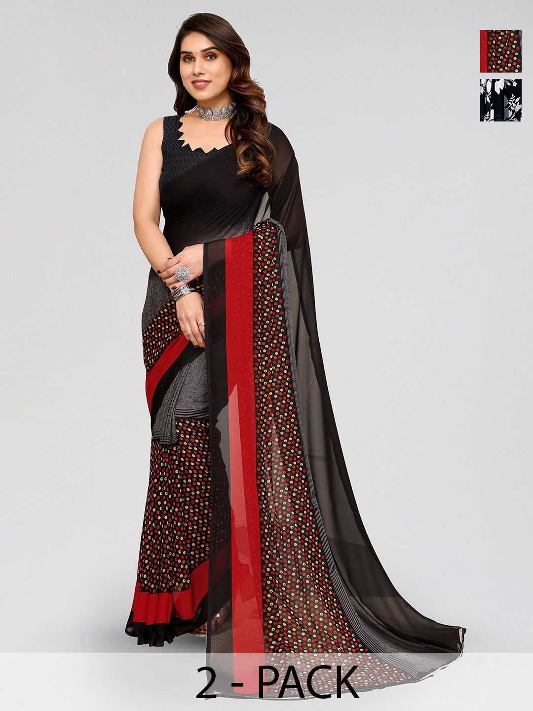 ANAND SAREES Selection of 2 Floral Printed Saree, Black