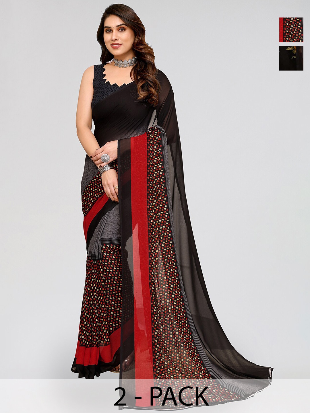 

ANAND SAREES Selection Of 2 Floral Printed Sarees, Black