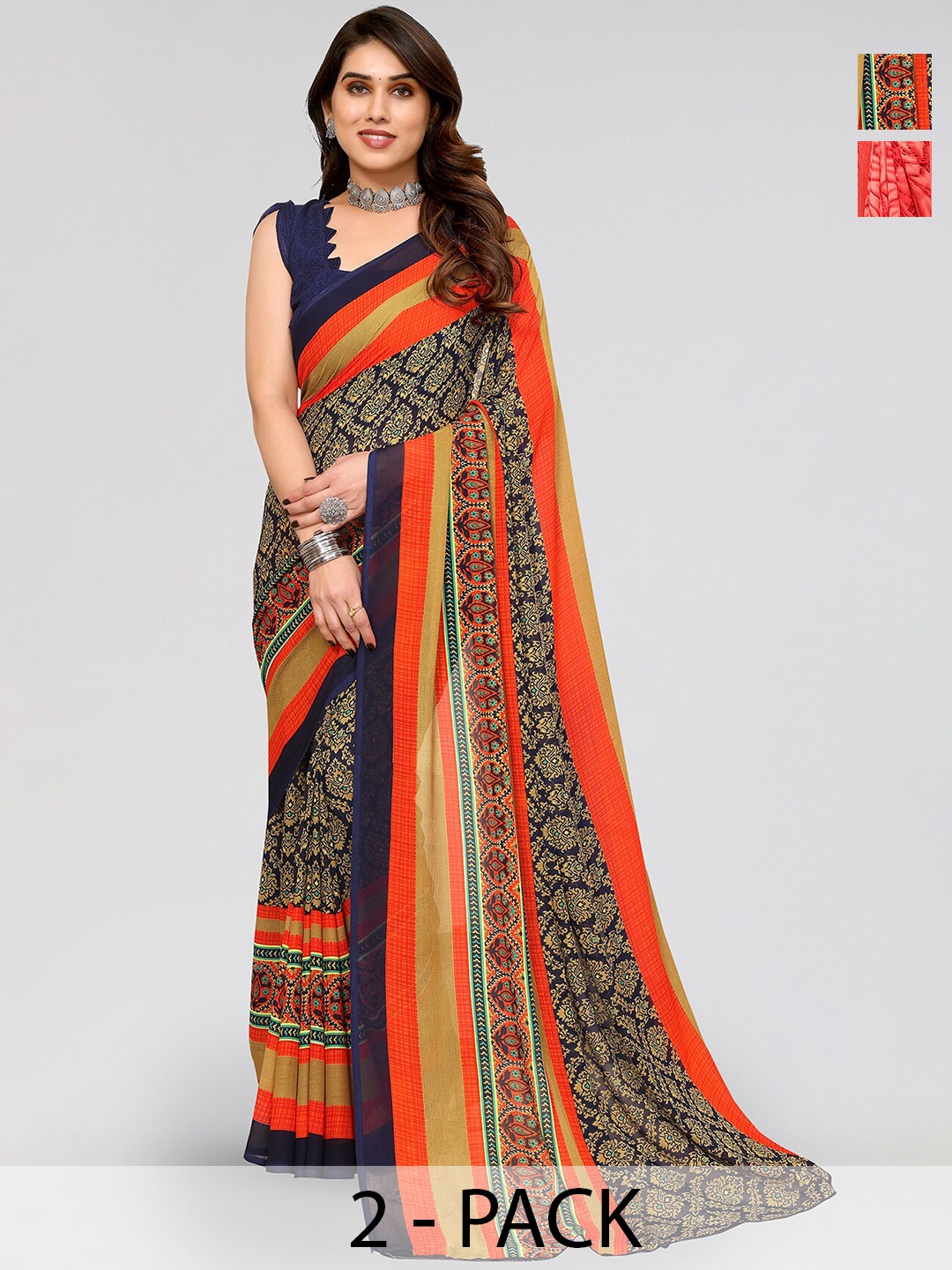 

ANAND SAREES Selection of 2 Printed Georgette Saree, Black