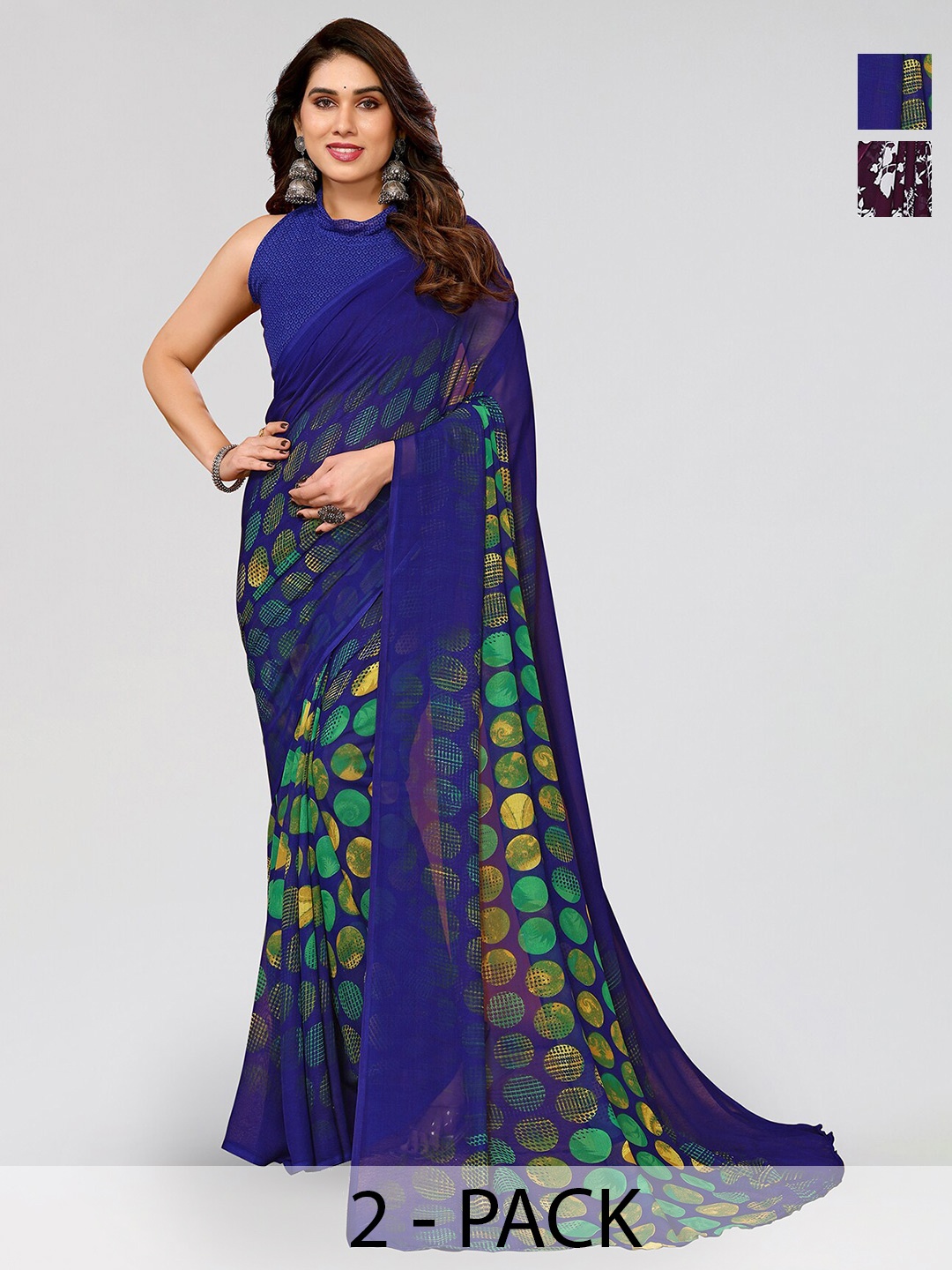 

ANAND SAREES Selection of 2 Polka Dot Printed Saree, Blue