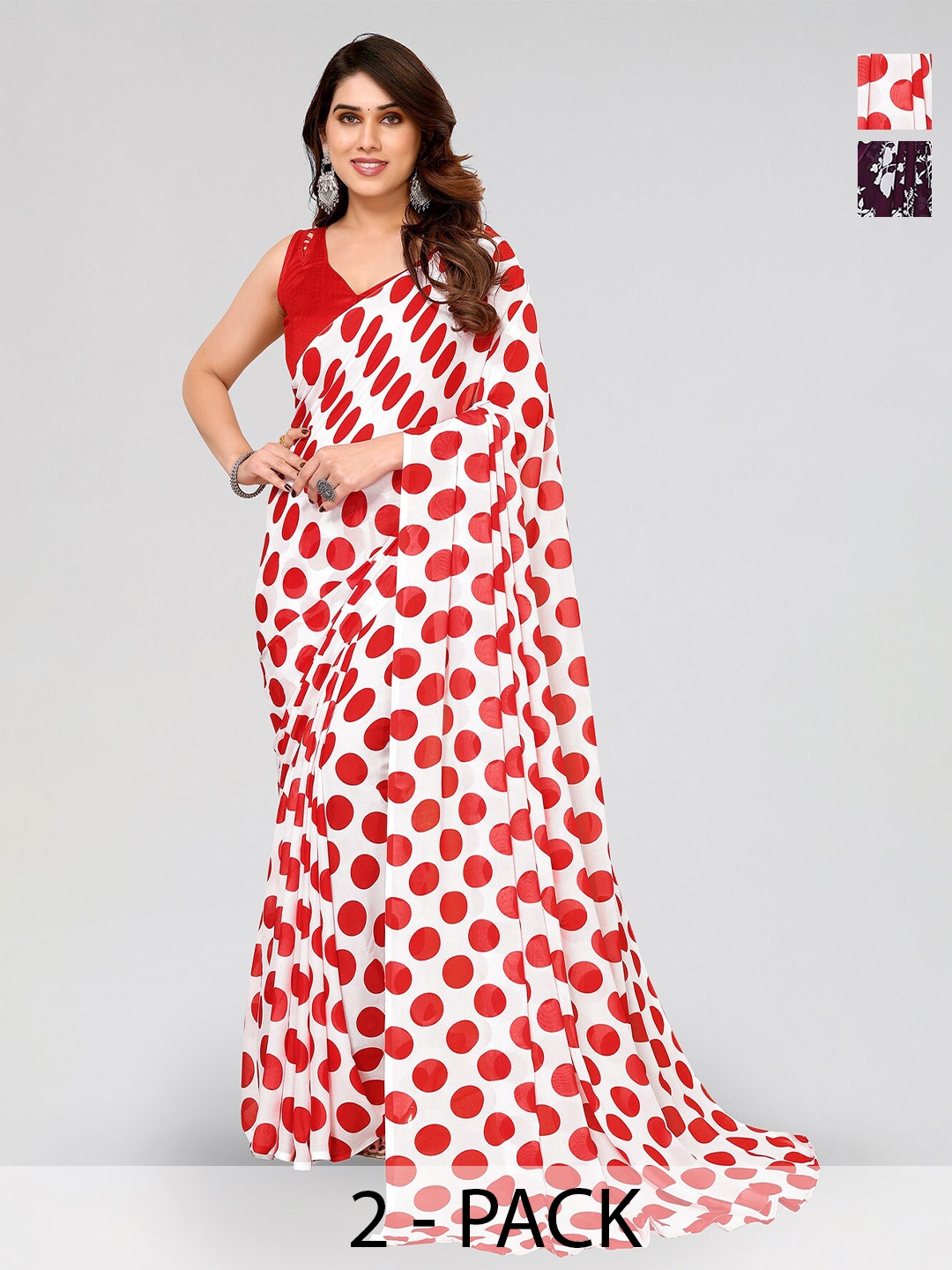 

ANAND SAREES Selection Of 2 Polka Dots Printed Sarees, White