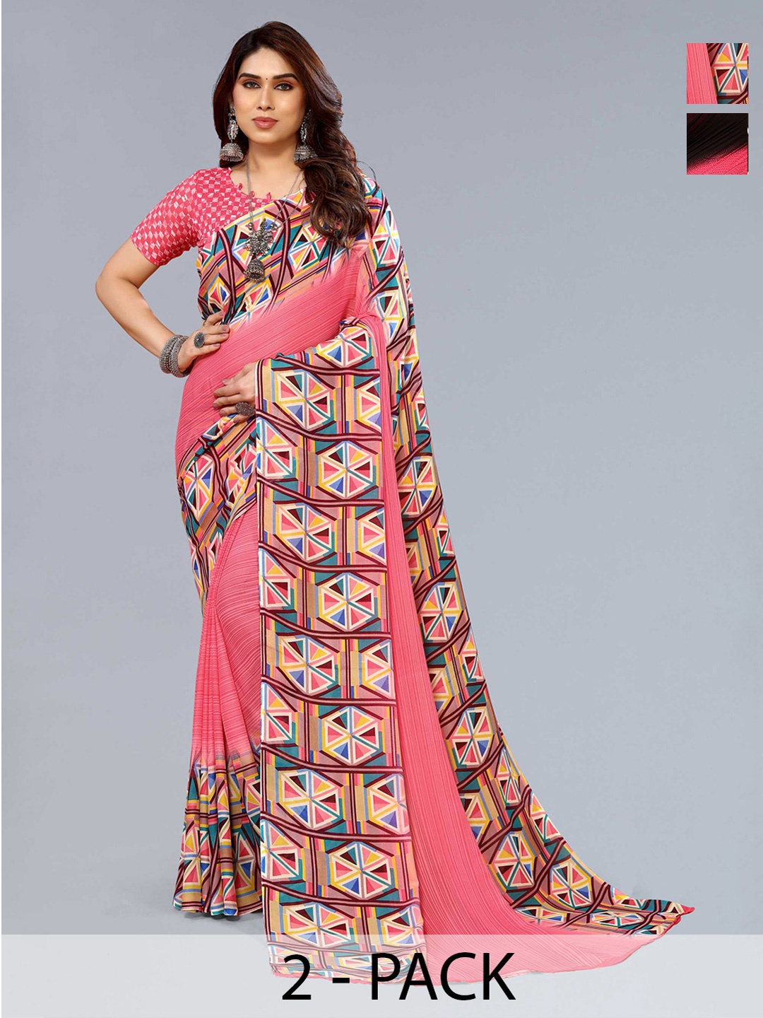 

ANAND SAREES Selection Of 2 Printed Sarees, Pink