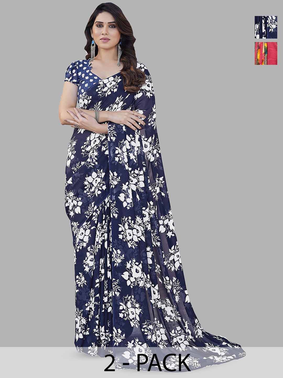 

ANAND SAREES Selection Of 2 Floral Printed Saree, Blue