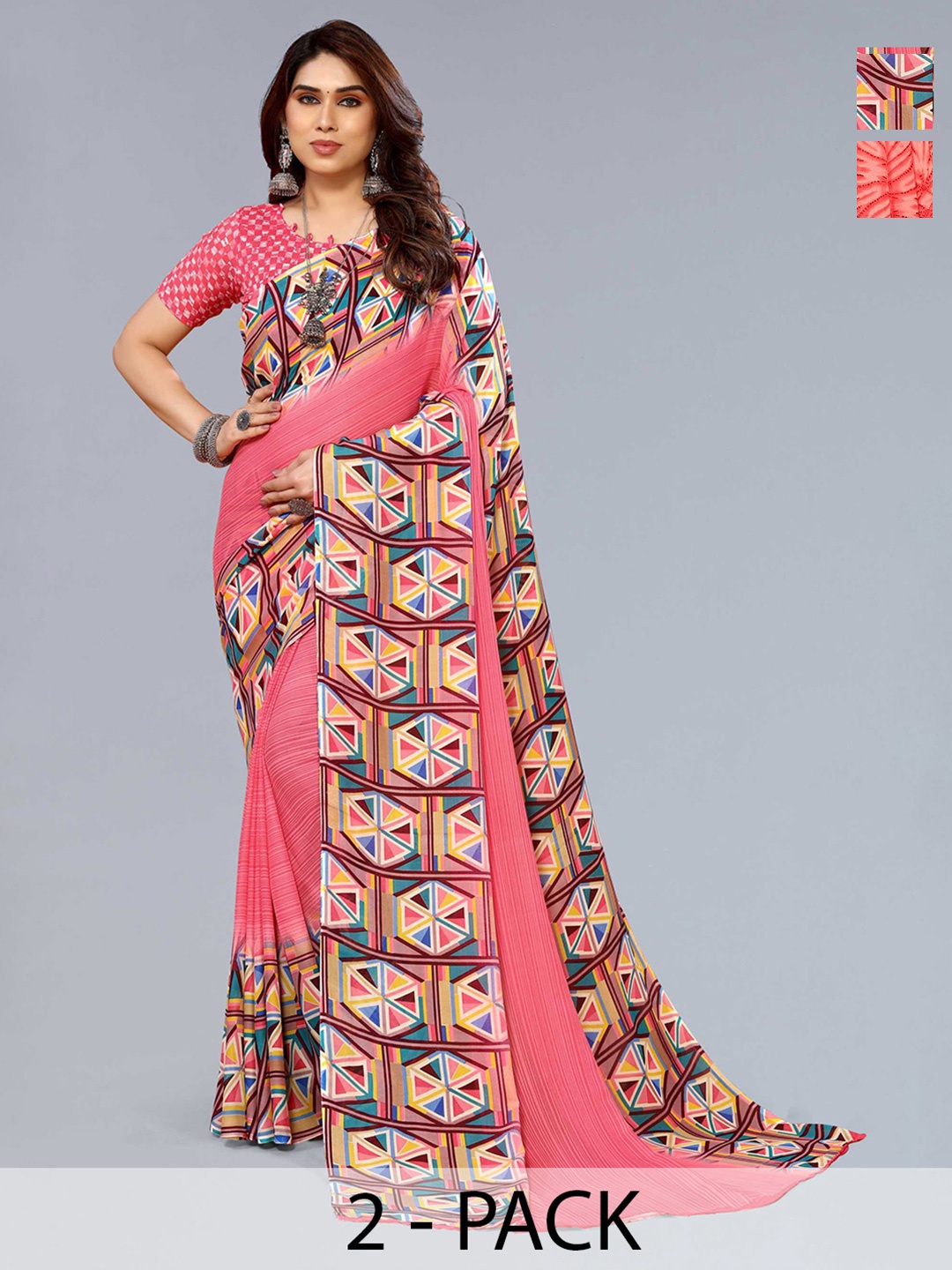 

ANAND SAREES Selection Of 2 Geometric Printed Sarees, Pink