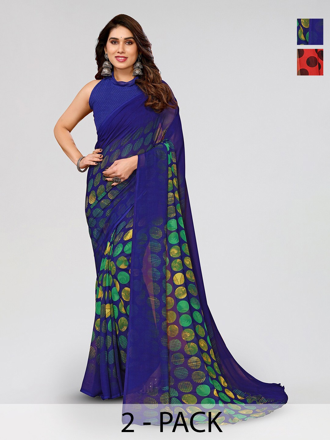 

ANAND SAREES Selection of 2 Polka Dot Printed Sarees, Red