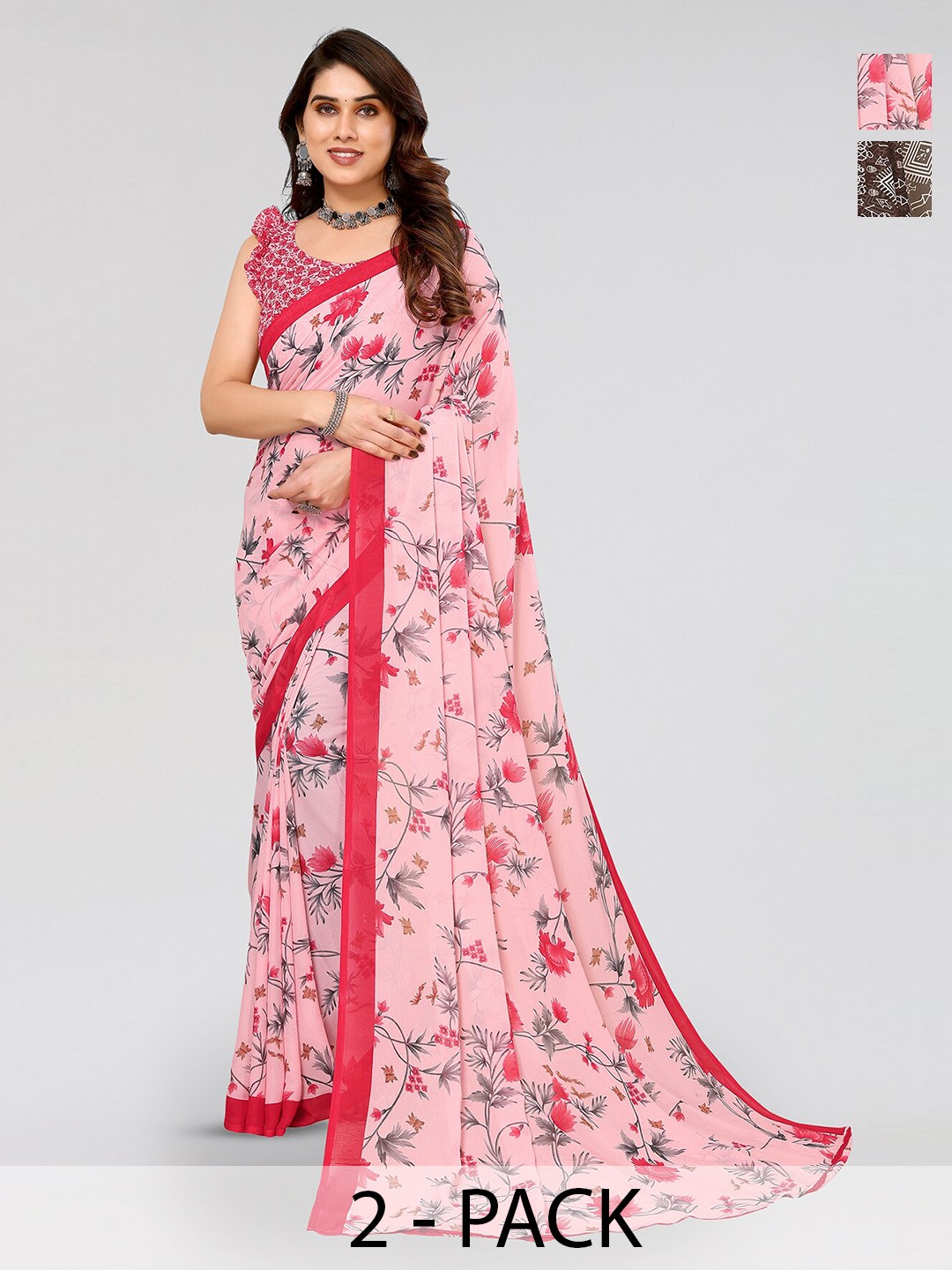 

ANAND SAREES Selection Of 2 Printed Sarees, Pink