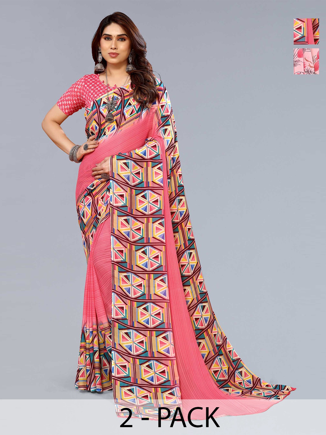 

ANAND SAREES Selection Of 2 Floral Printed Sarees, Pink