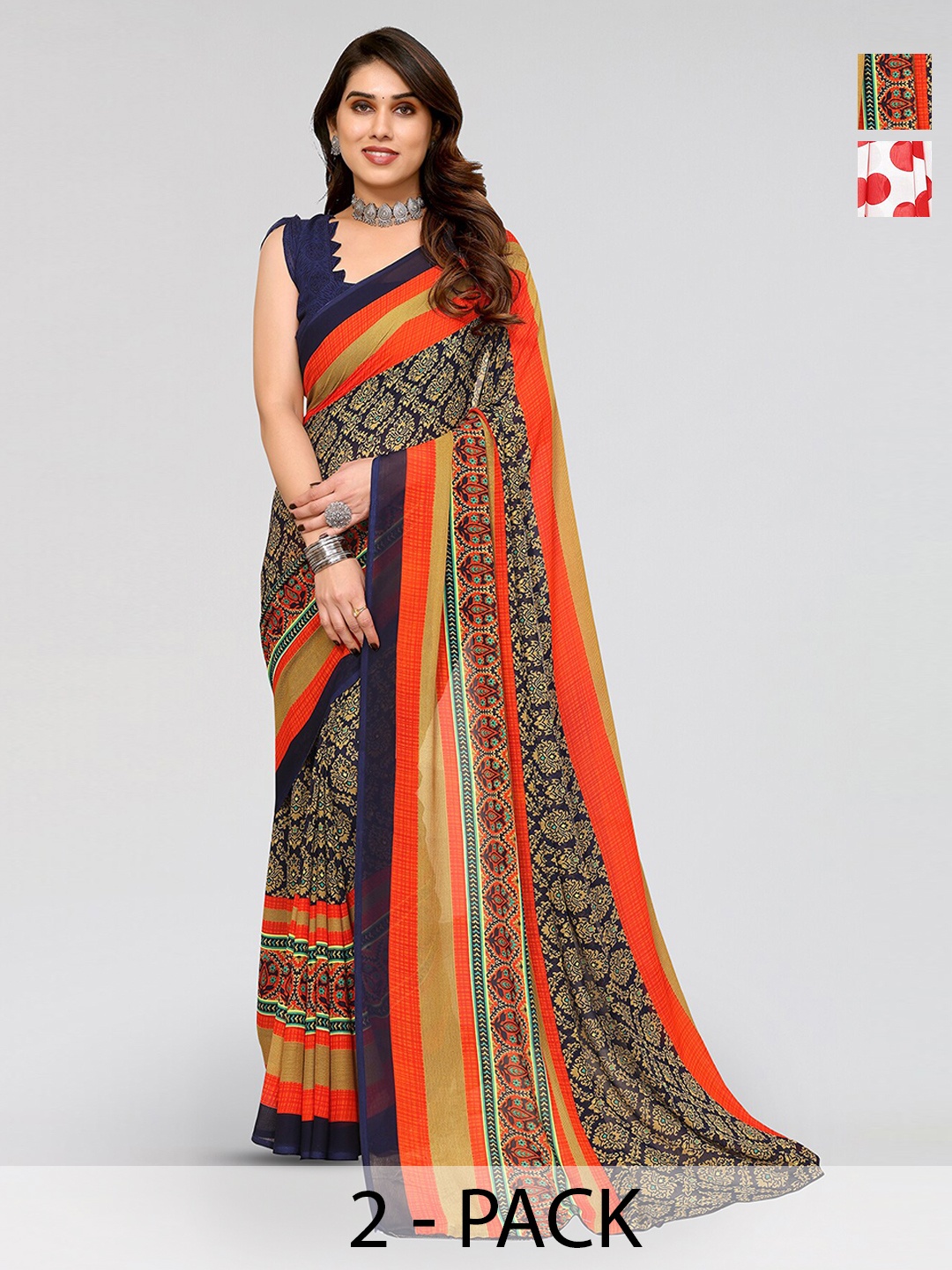 

ANAND SAREES Selection of 2 Polka Dot Printed Saree, Red