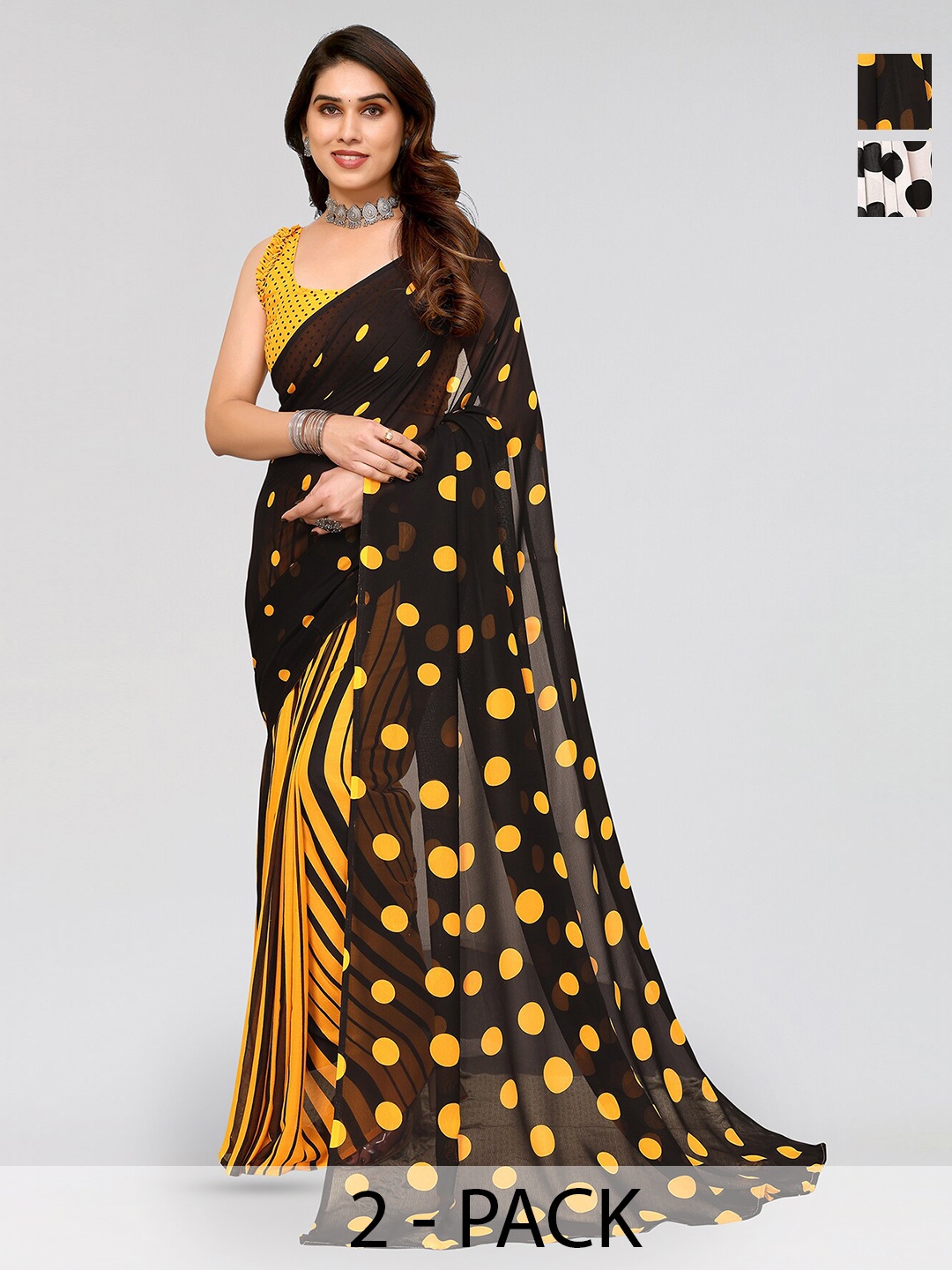 

ANAND SAREES Selection Of 2 Polka Dots Printed Saree, Black