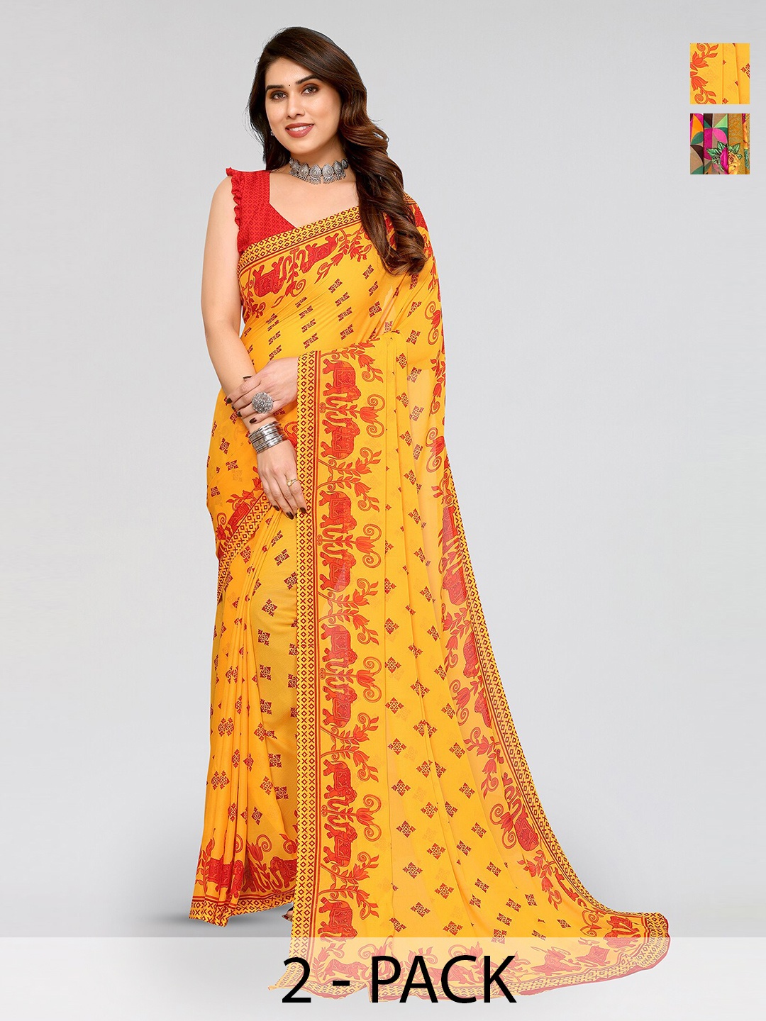 

ANAND SAREES Selection of 2 Ethnic Motifs Printed Sarees, Yellow