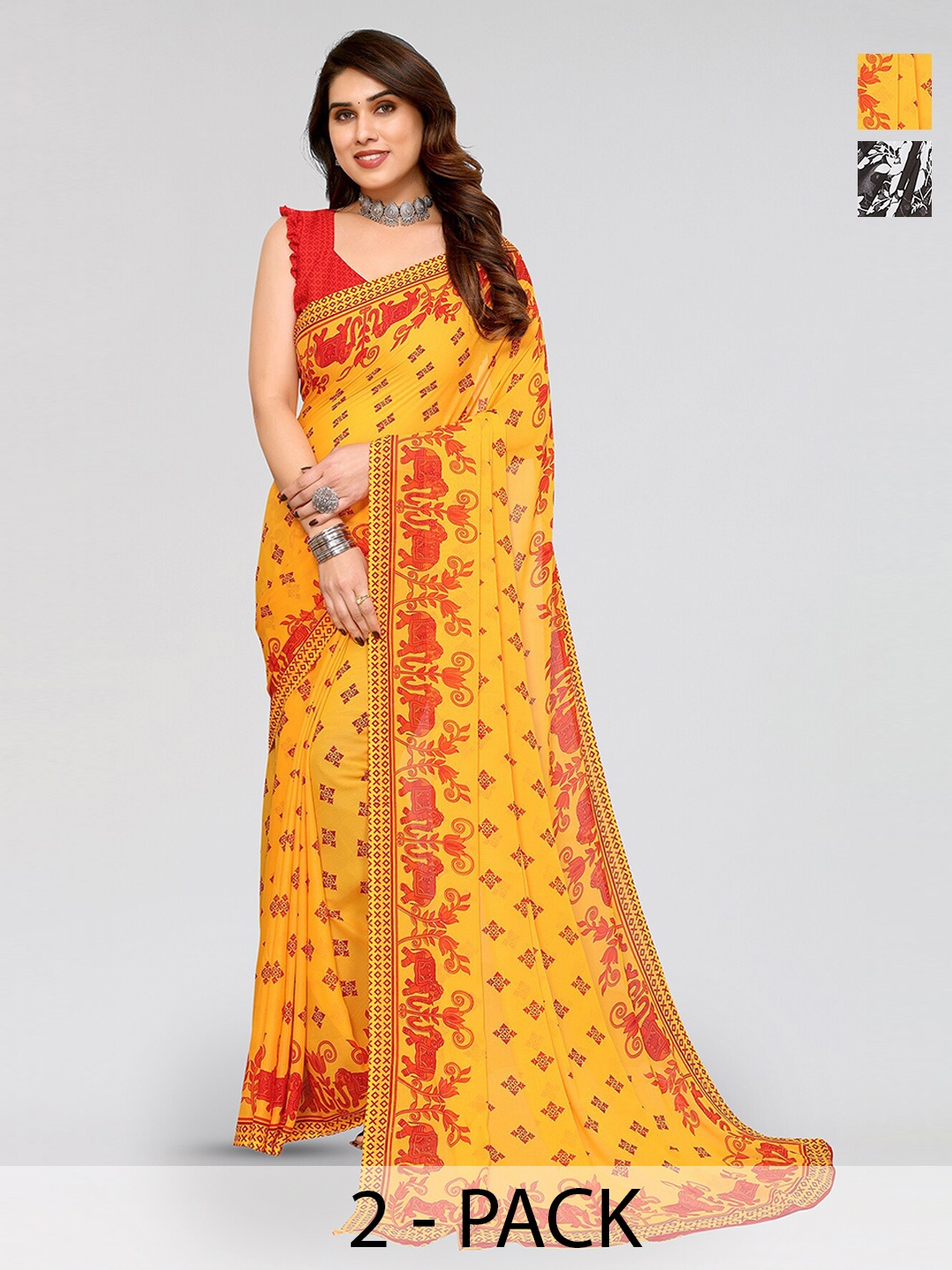

ANAND SAREES Selection Of 2 Floral Printed Sarees, Brown