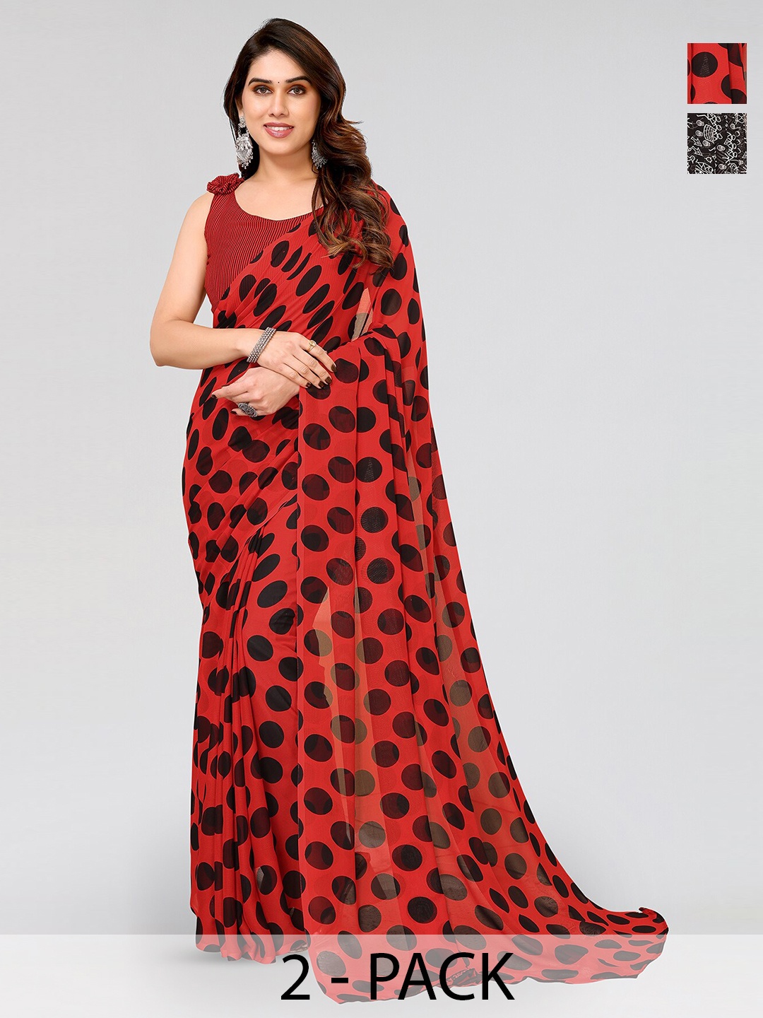 

ANAND SAREES Selection of 2 Polka Dot Printed Sarees, Black