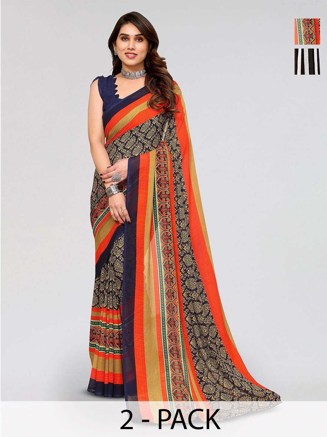 

ANAND SAREES Selection Of 2 Striped Printed Saree, Black