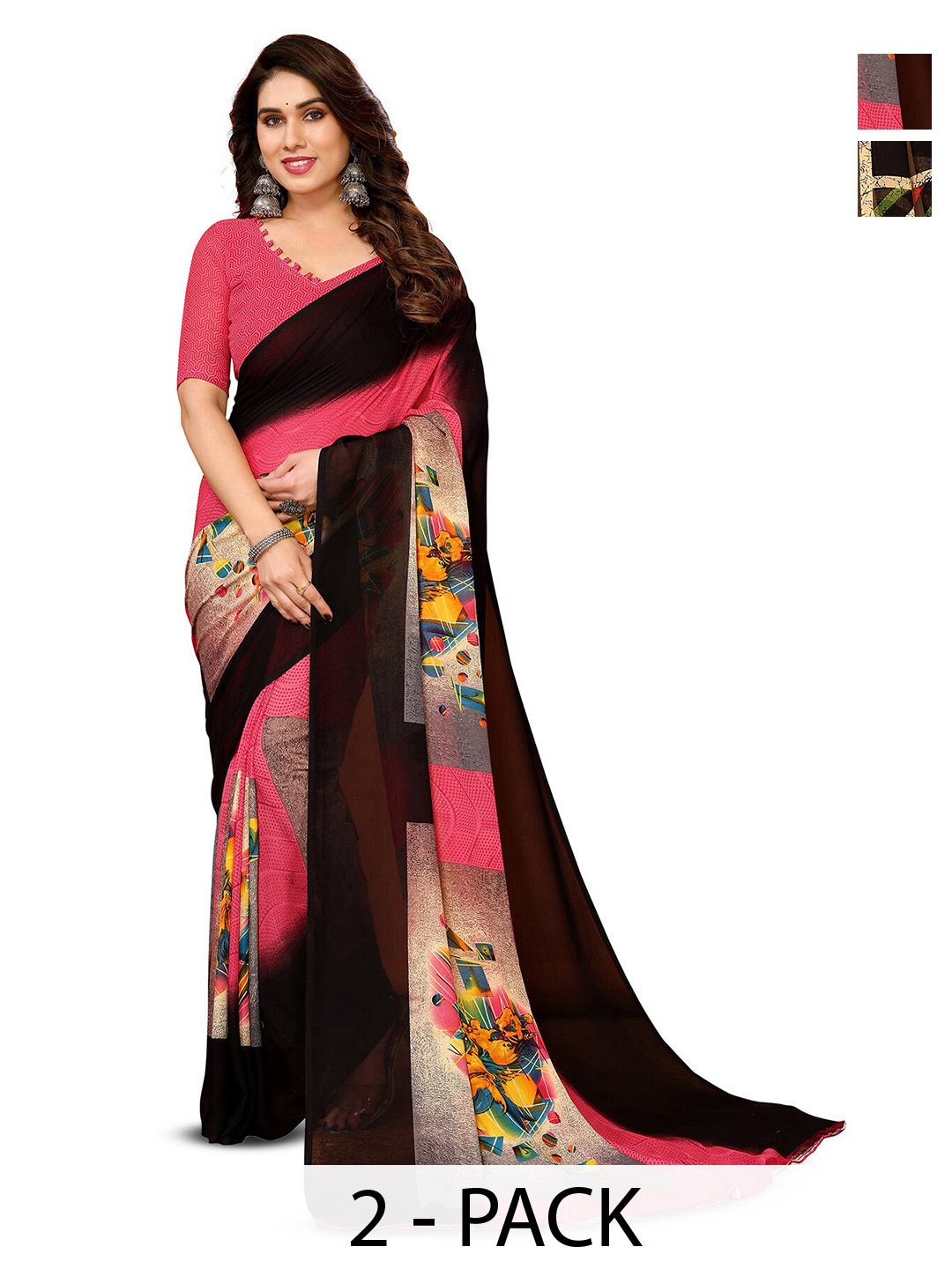 

ANAND SAREES Selection of 2 Floral Printed Saree, Pink