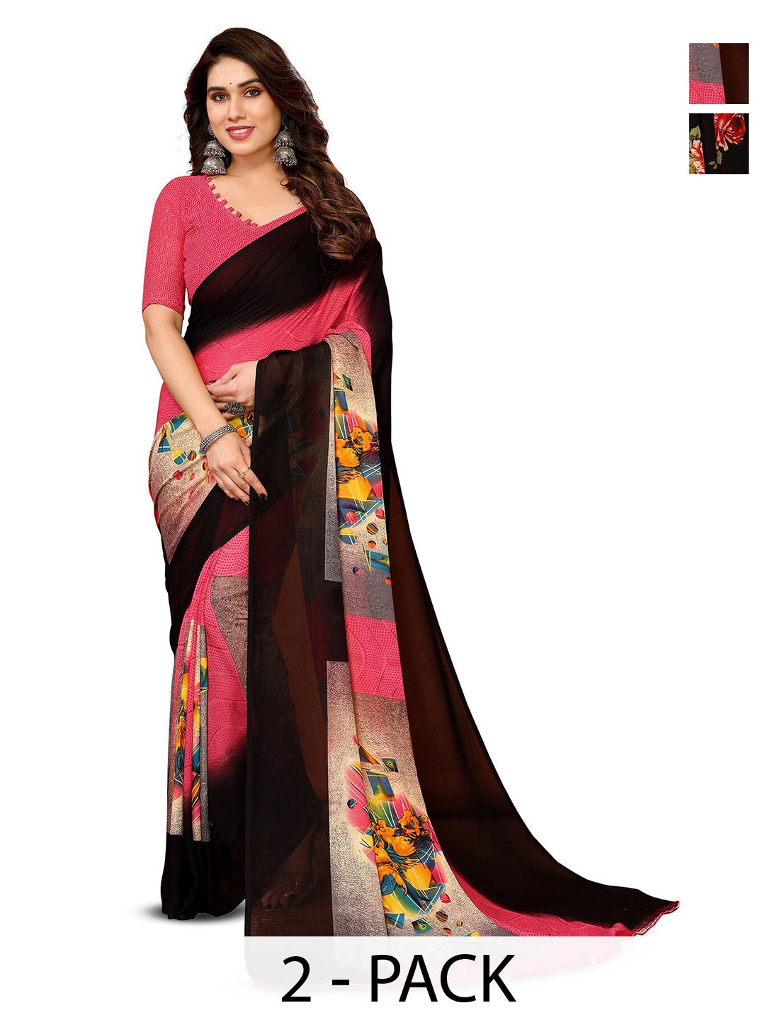 

ANAND SAREES Selection of 2 Floral Printed Sarees, Black