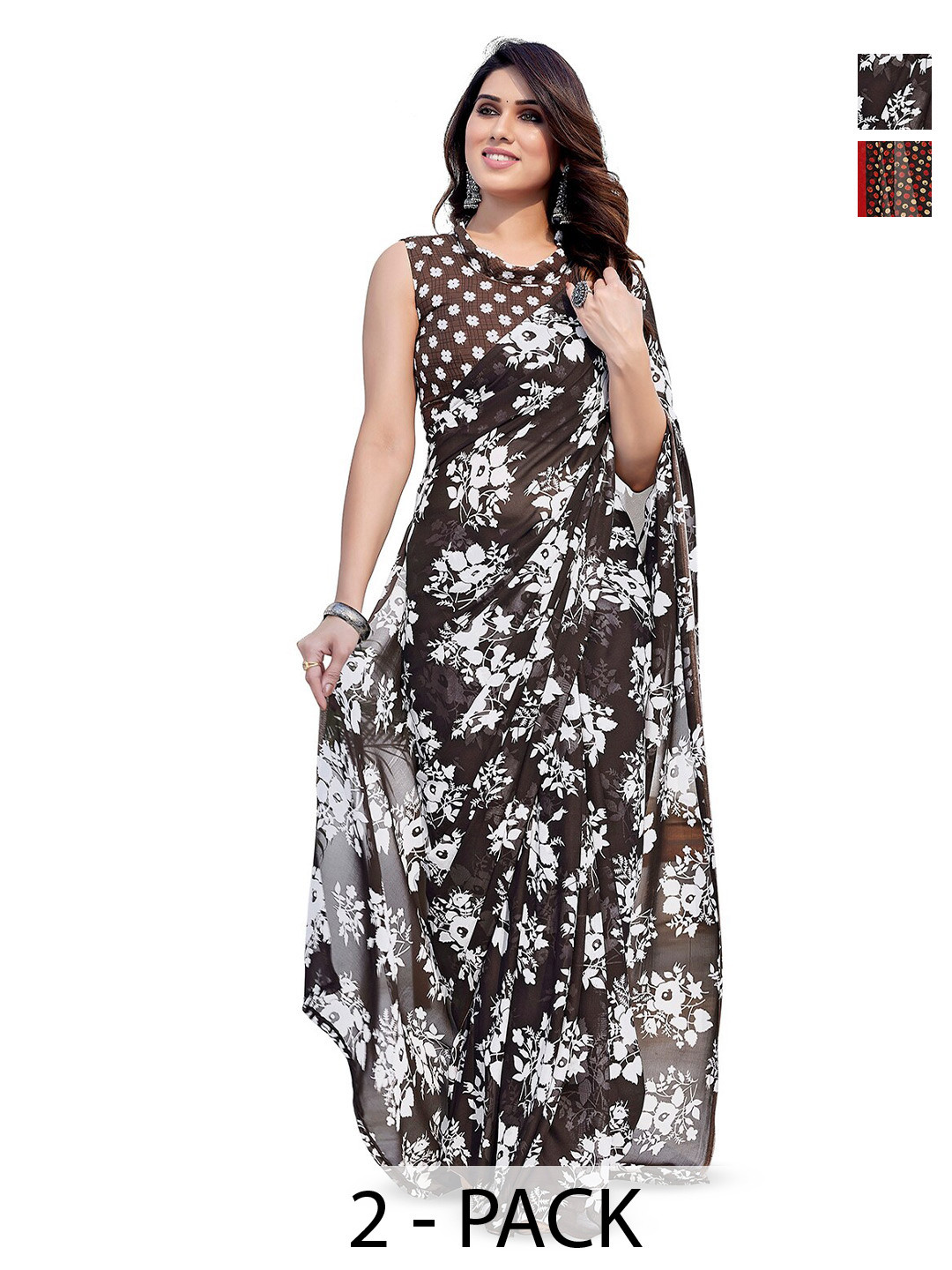 

ANAND SAREES Selection of 2 Floral Printed Sarees, Brown