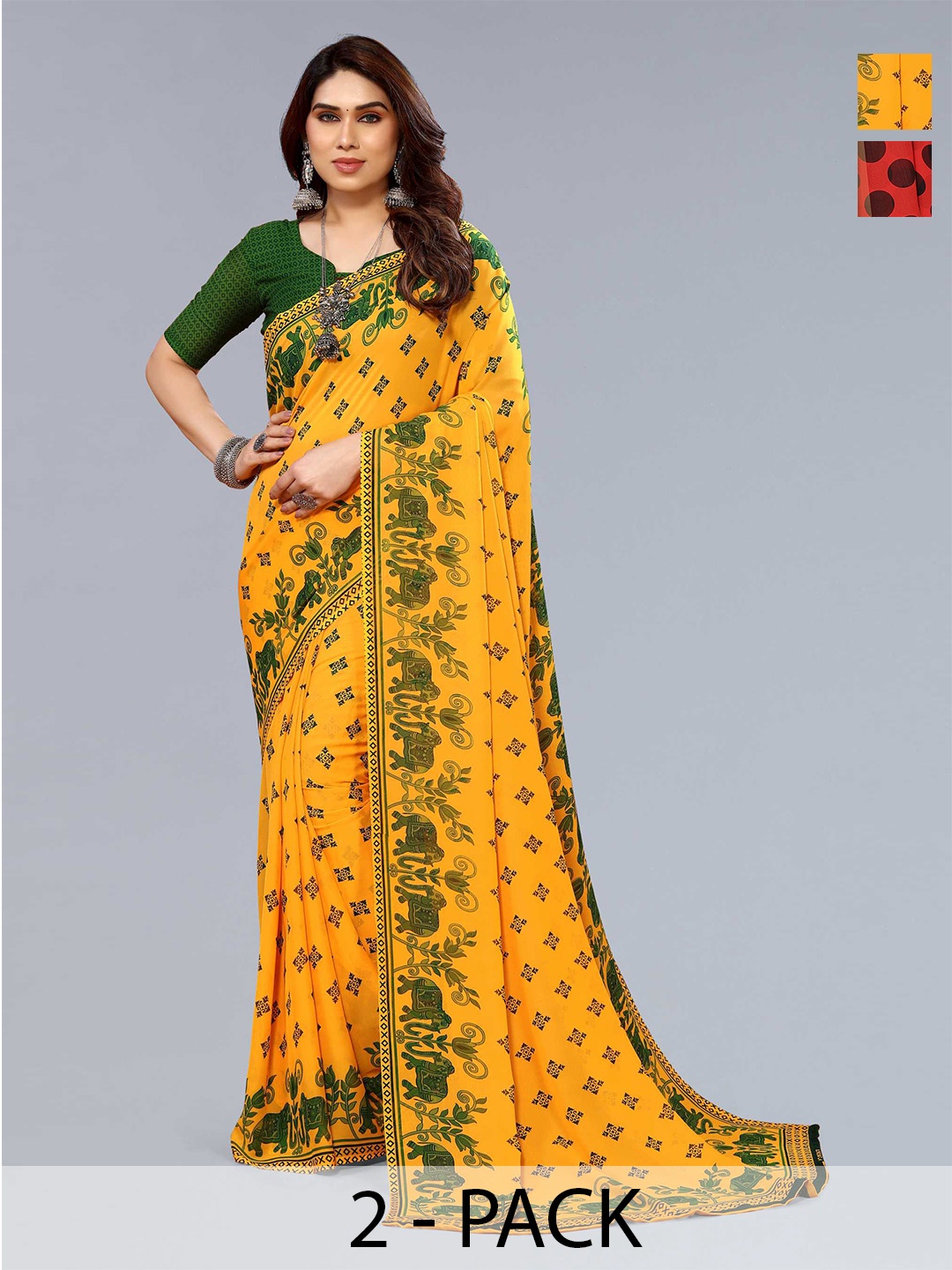 

ANAND SAREES Selection of 2 Ethnic Motifs Printed Sarees, Yellow