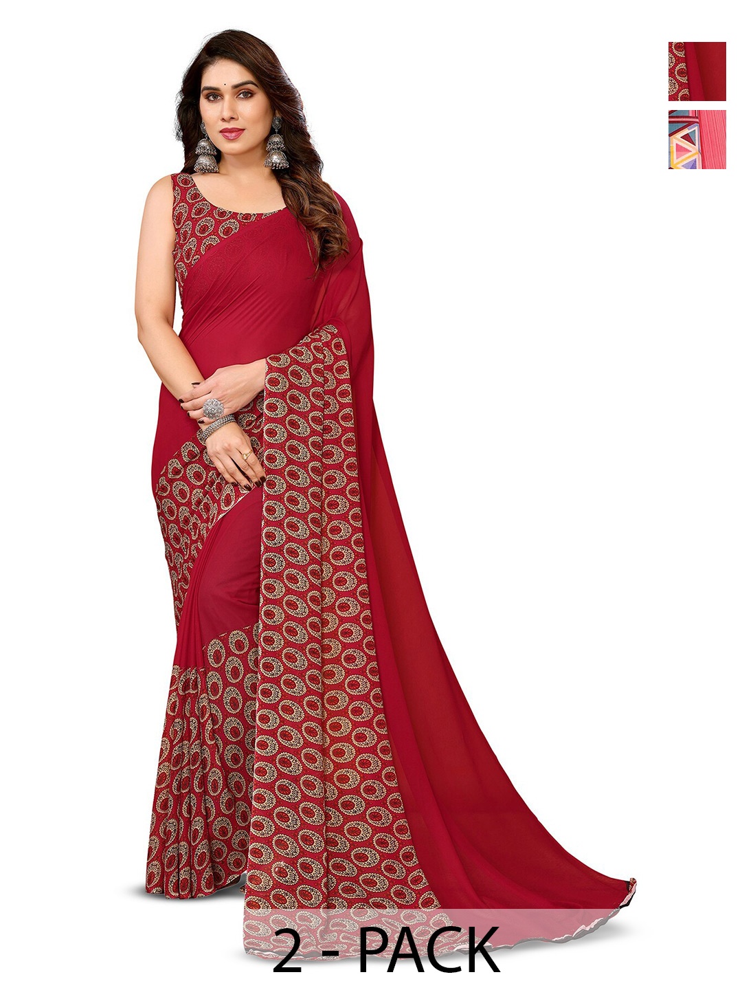 

ANAND SAREES Selection Of 2 Geometric Sarees, Maroon