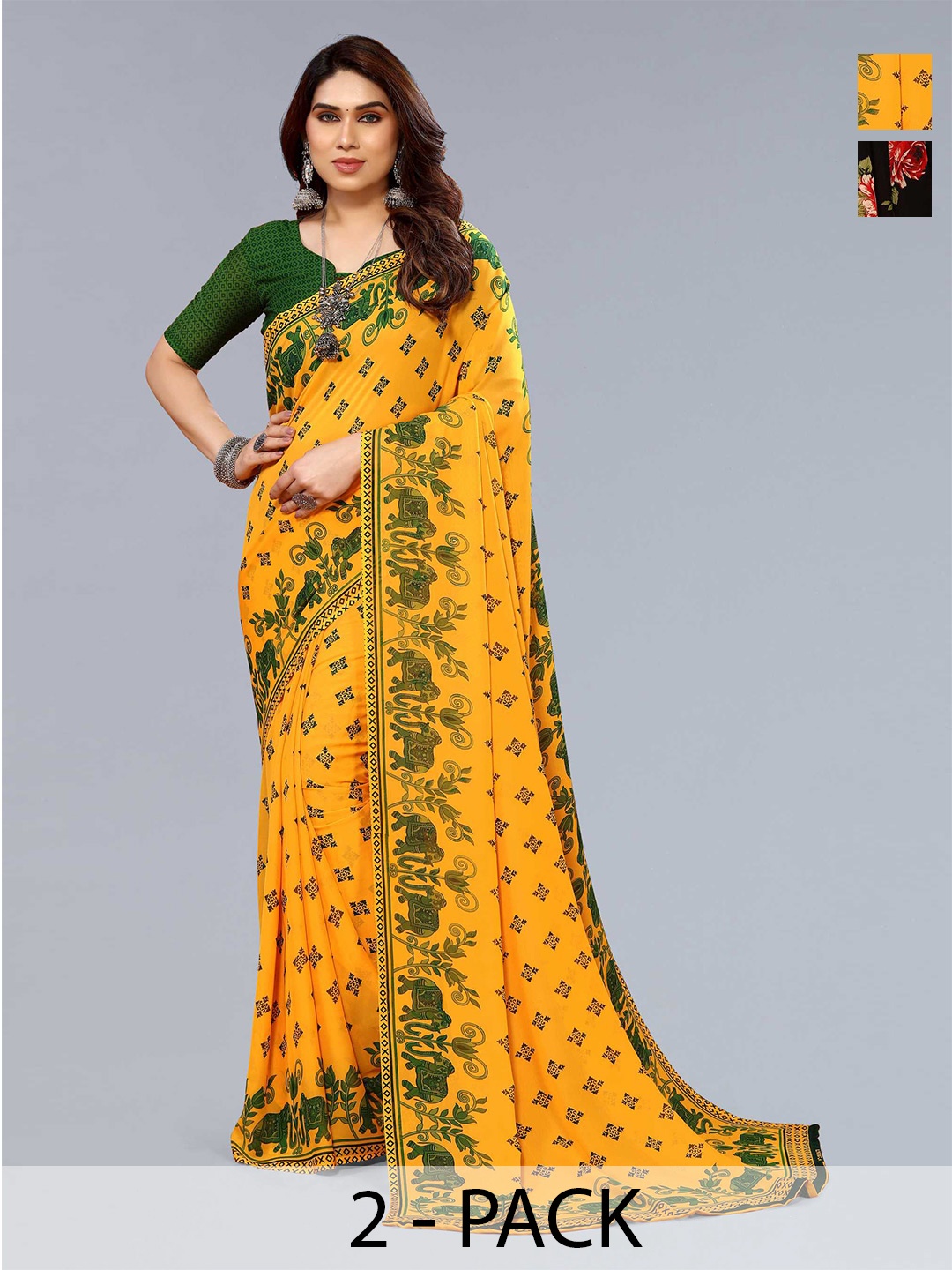 ANAND SAREES Selection Of 2 Printed Sarees, Yellow