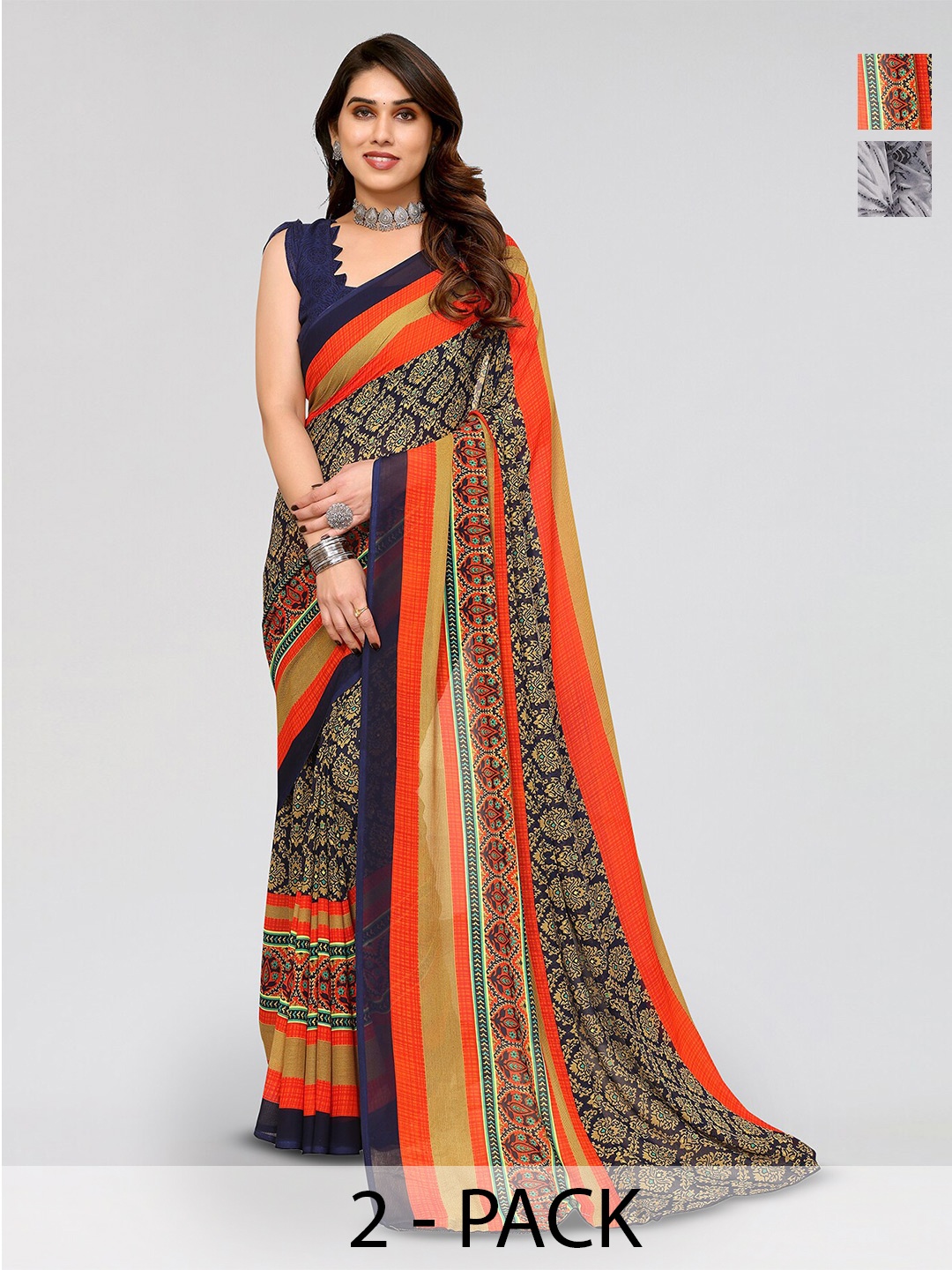 

ANAND SAREES Selection Of 2 Printed Sarees, Orange