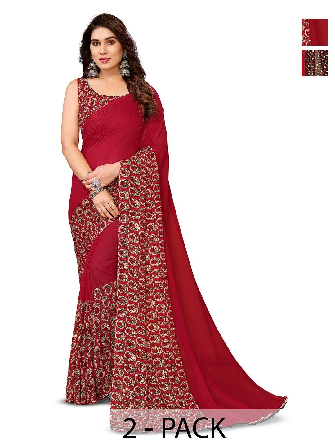 

ANAND SAREES Selection Of 2 Geometric Printed Sarees, Maroon