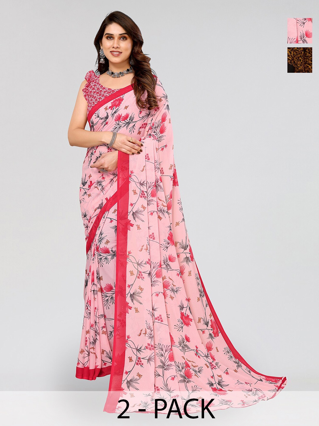 ANAND SAREES Selection of 2 Floral Printed Sarees, Pink