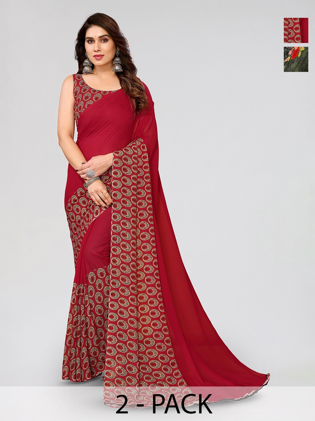 

ANAND SAREES Selection Of 2 Floral Sarees, Red