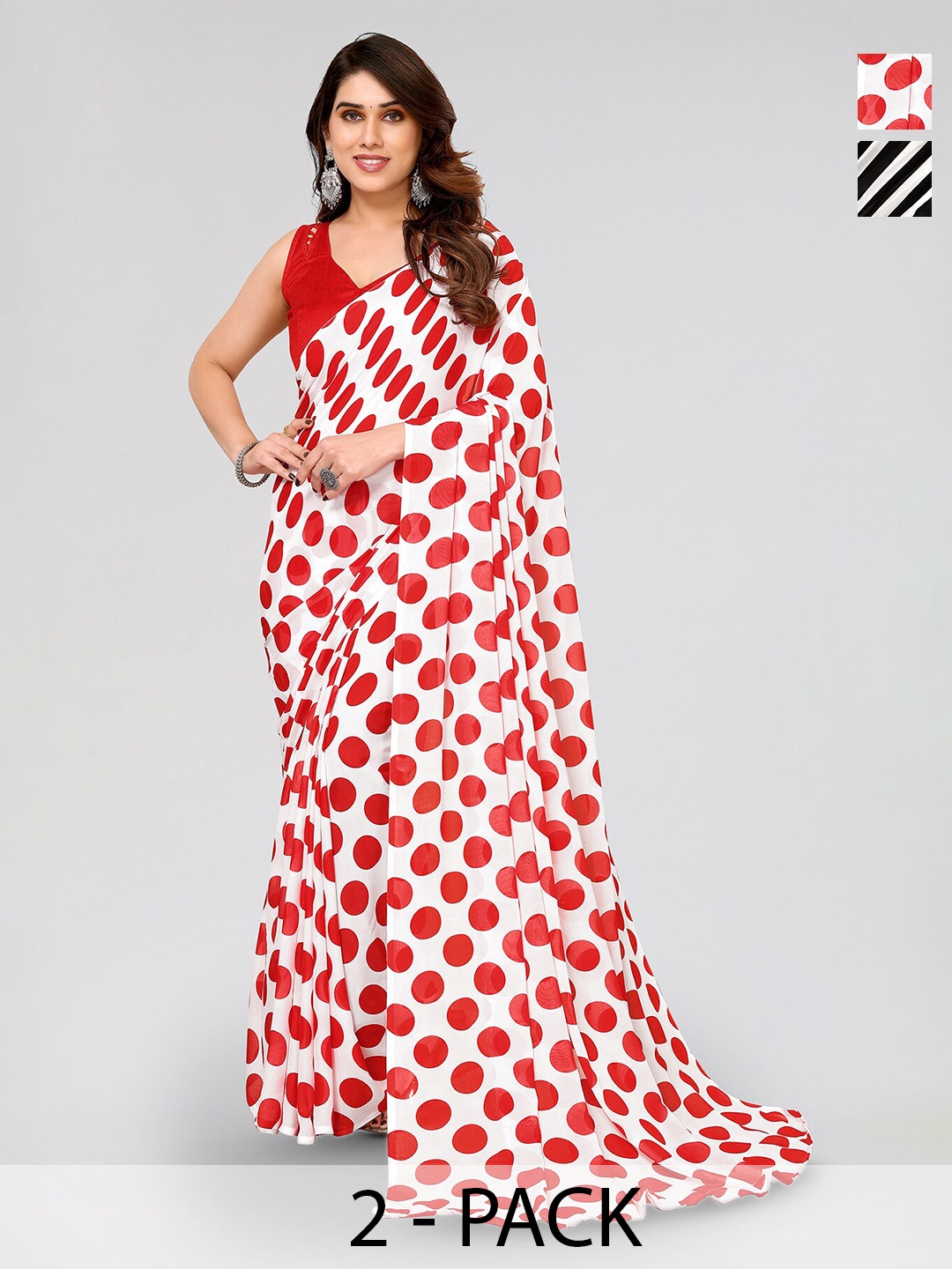 

ANAND SAREES Selection of 2 Polka Dot Printed Saree, White