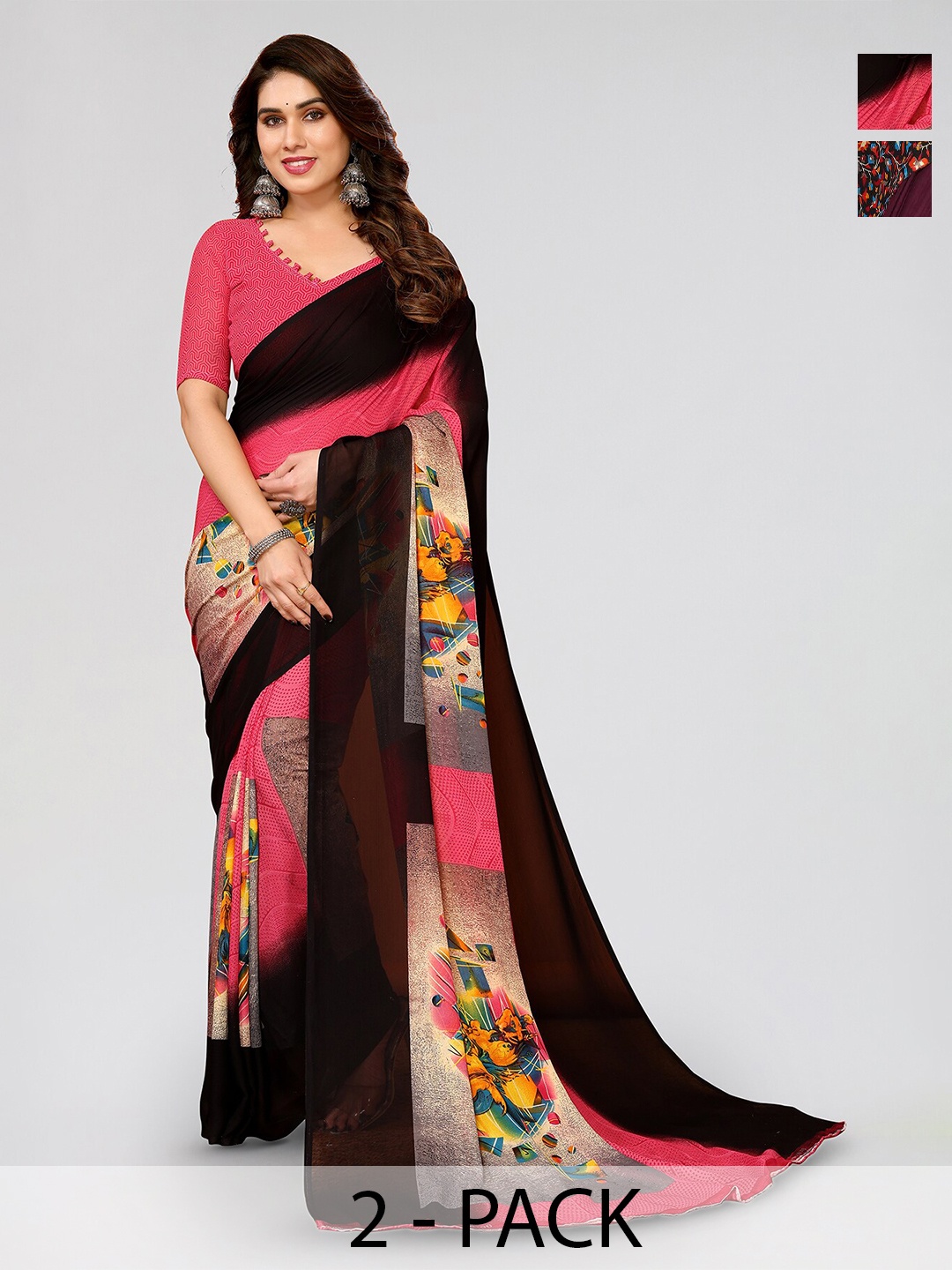 

ANAND SAREES Selection Of 2 Striped Printed Saree, Burgundy