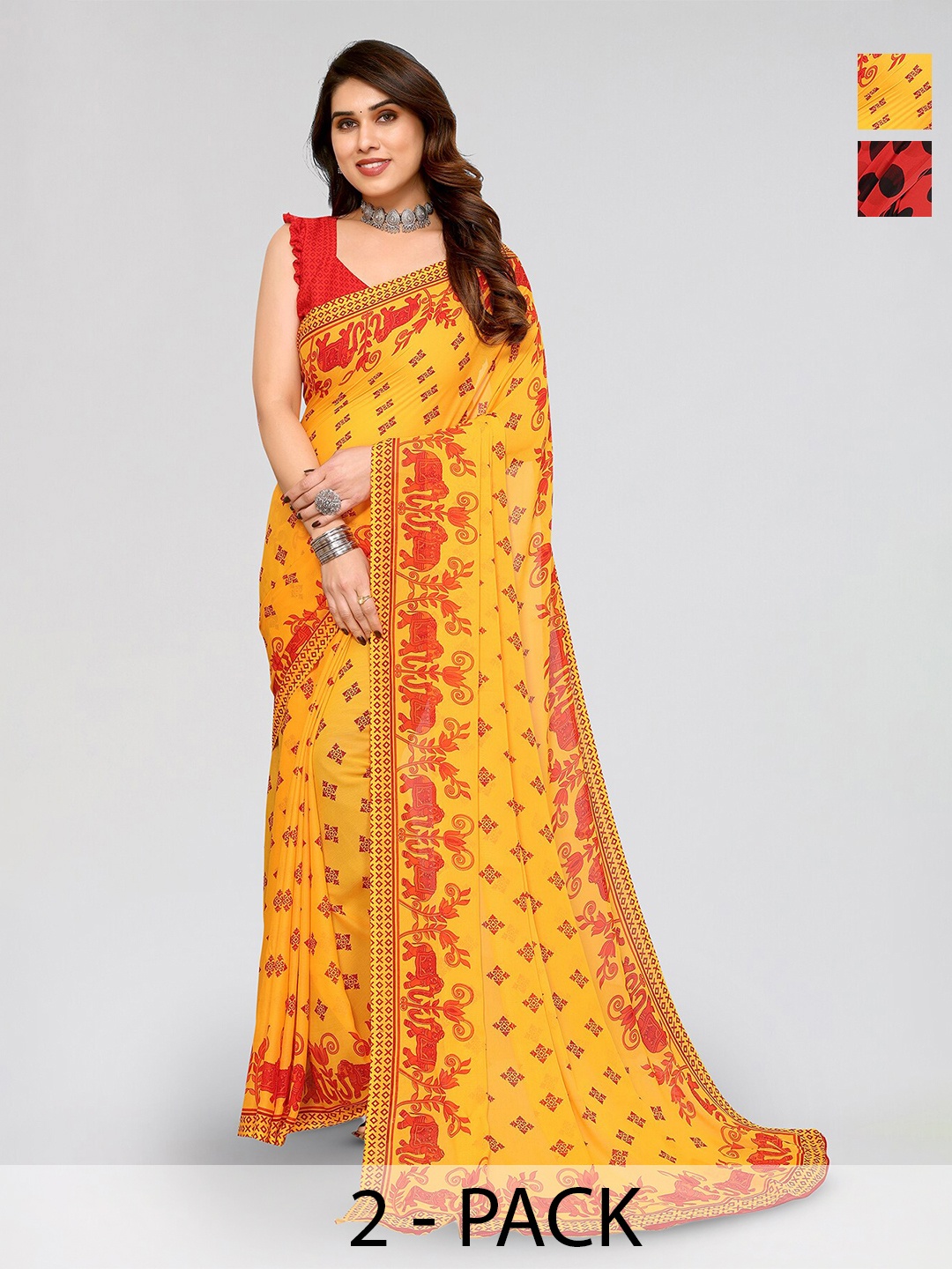 

ANAND SAREES Selection Of 2 Polka Dot Printed Sarees, Yellow