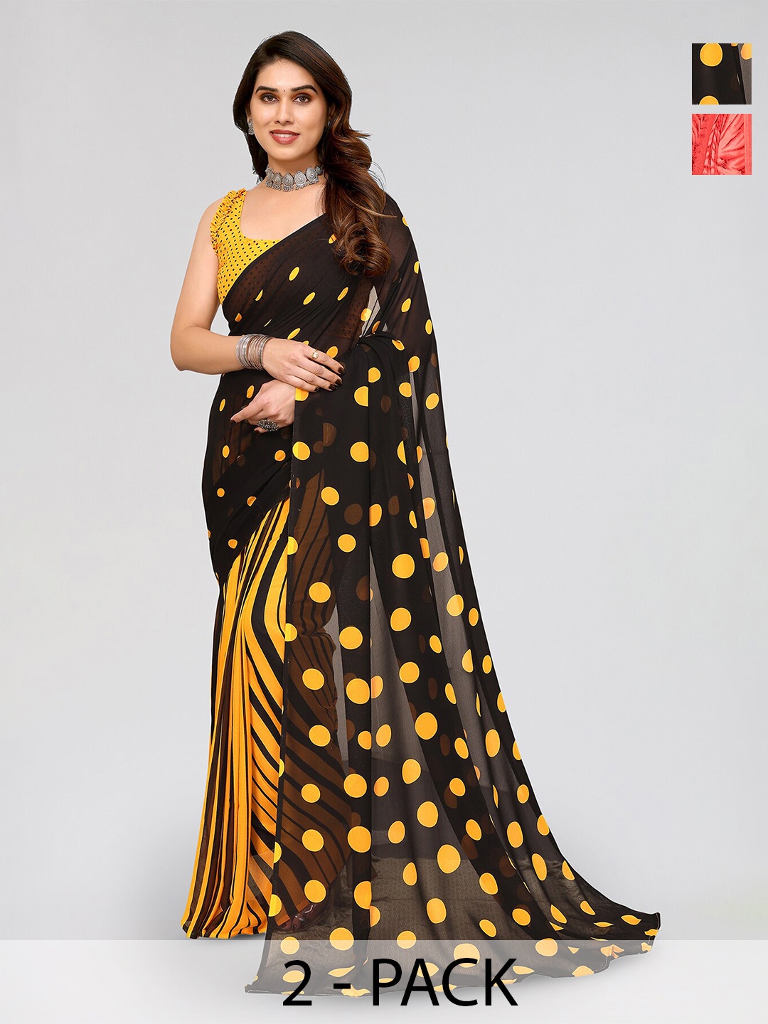 

ANAND SAREES Selection of 2 Polka Dots Printed Sarees, Black