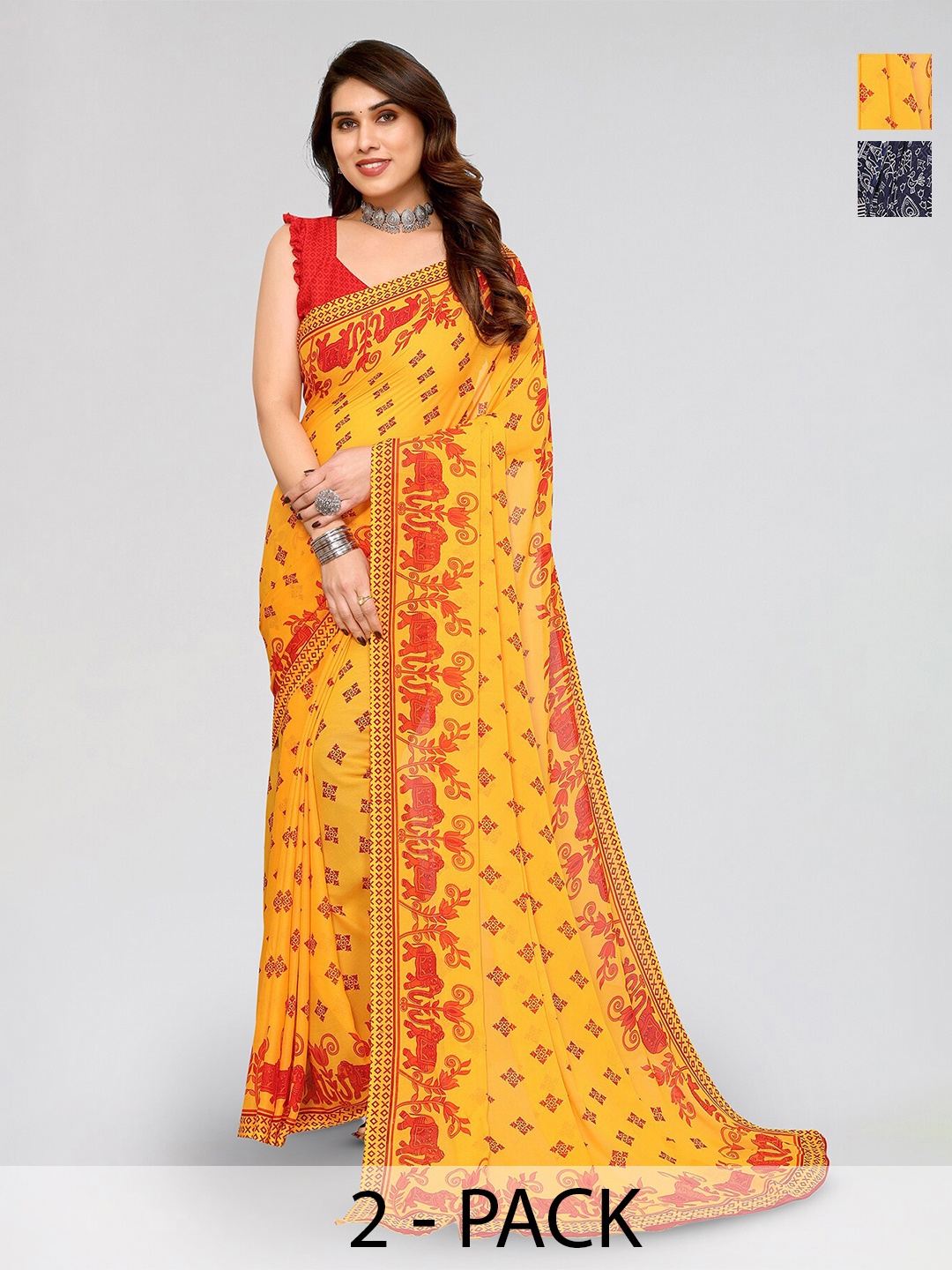 

ANAND SAREES Selection of 2 Ethnic Motifs Printed Sarees, Yellow