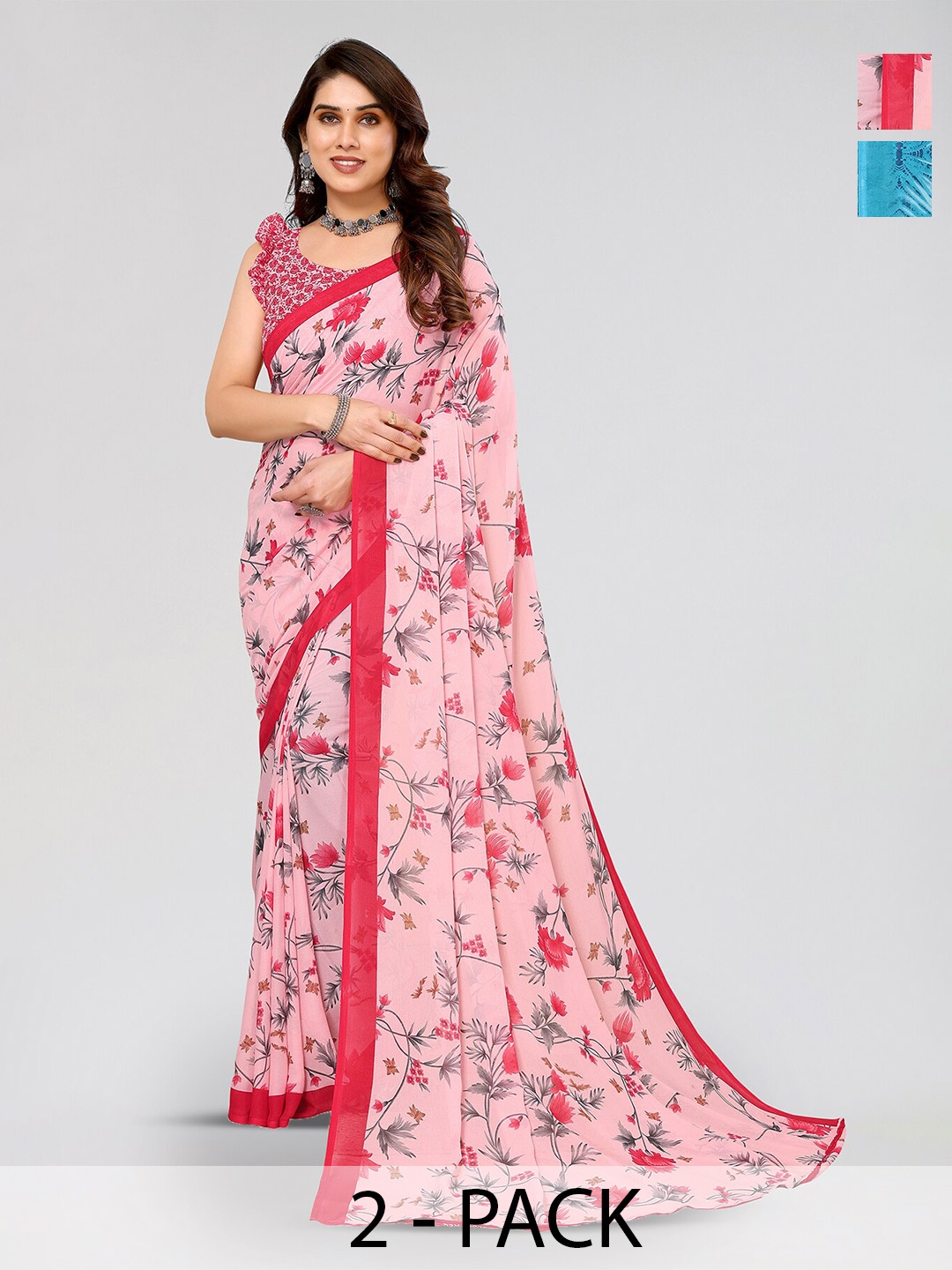 ANAND SAREES Selection Of 2 Floral Printed Saree, Pink