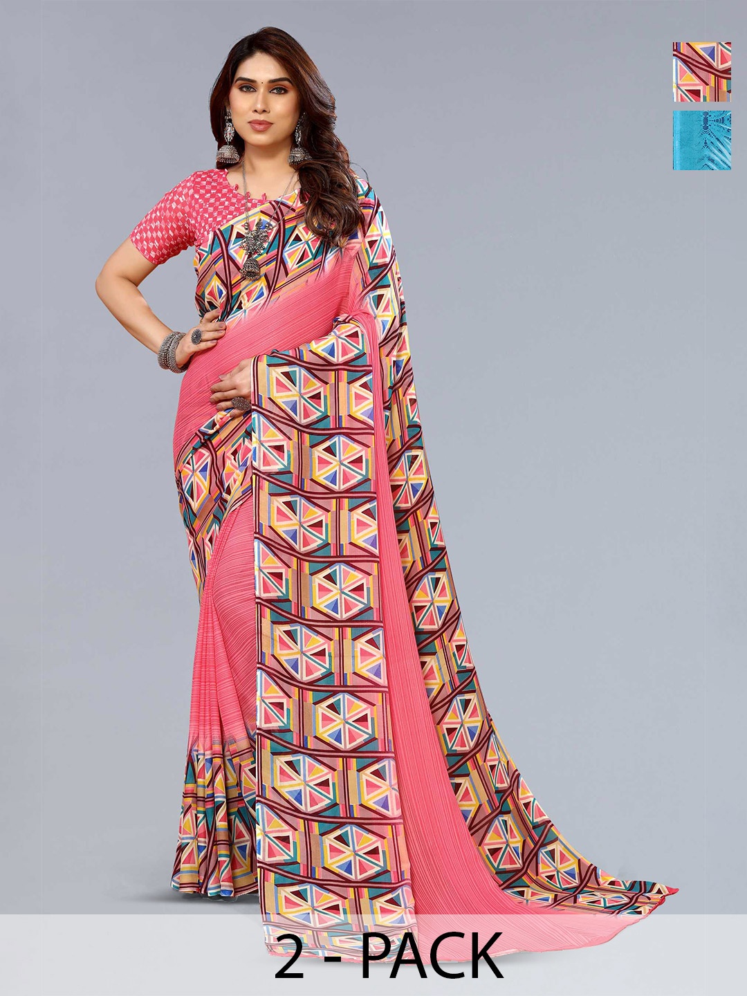 

ANAND SAREES Selection Of 2 Geometric Sarees, Blue