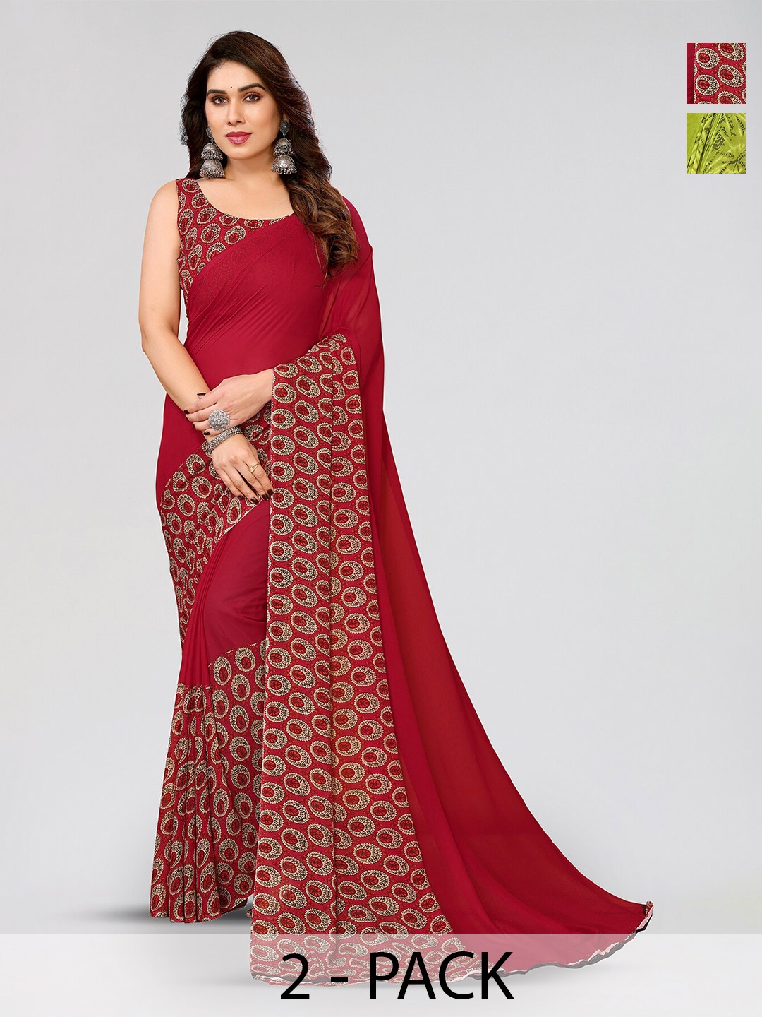 

ANAND SAREES Selection of 2 Ethnic Motifs Printed Sarees, Red