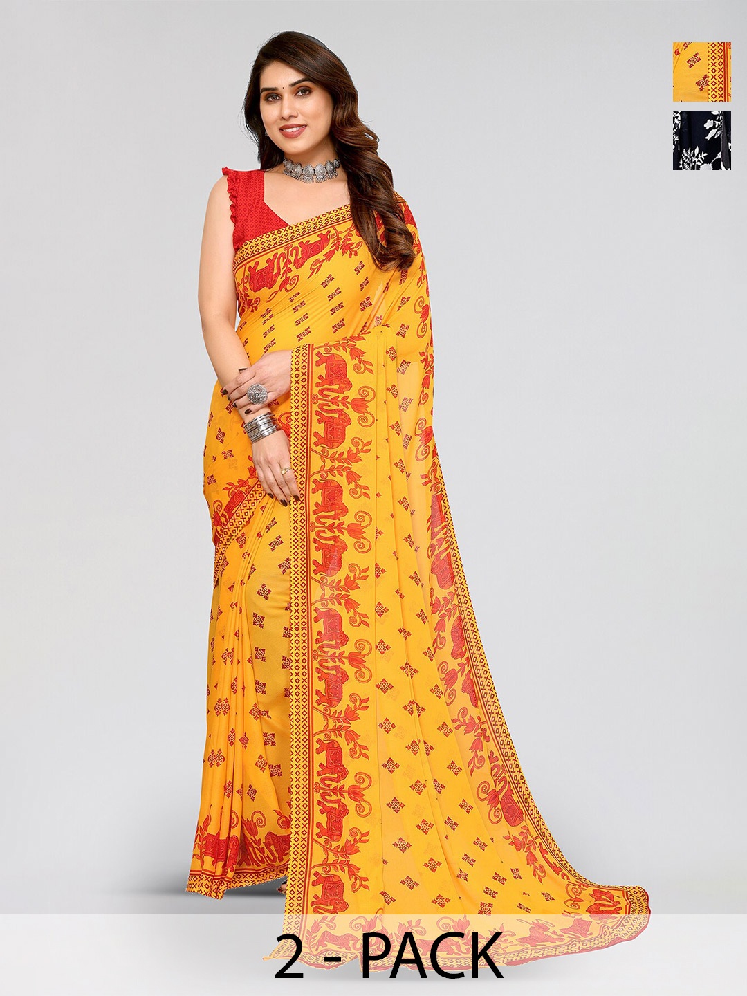 ANAND SAREES Selection Of 2 Floral Printed Saree, Blue