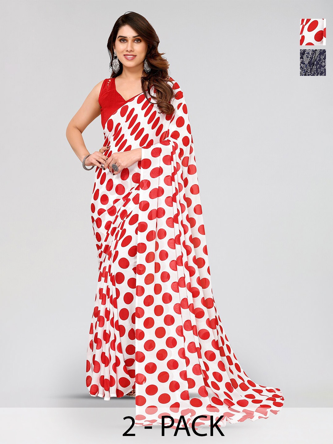 

ANAND SAREES Selection Of 2 Polka Dots Printed Sarees, Red