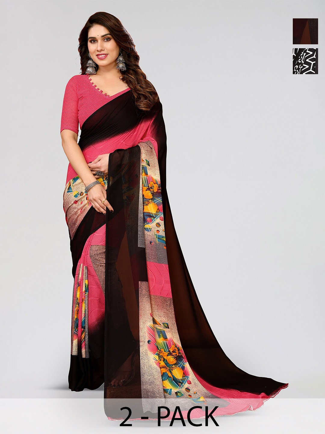 

ANAND SAREES Selection Of 2 Geometric Printed Saree, Black