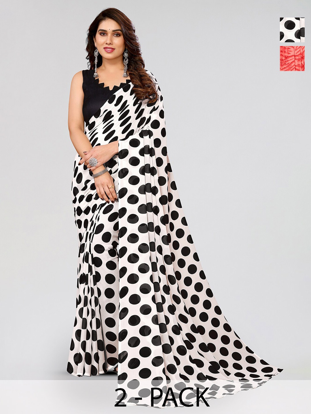 

ANAND SAREES Selection of 2 Polka Dots Printed Sarees, White