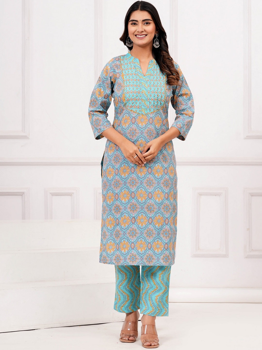 

KALINI Mandarin Collar Floral Printed Pure Cotton Straight Kurta with Trouser, Blue