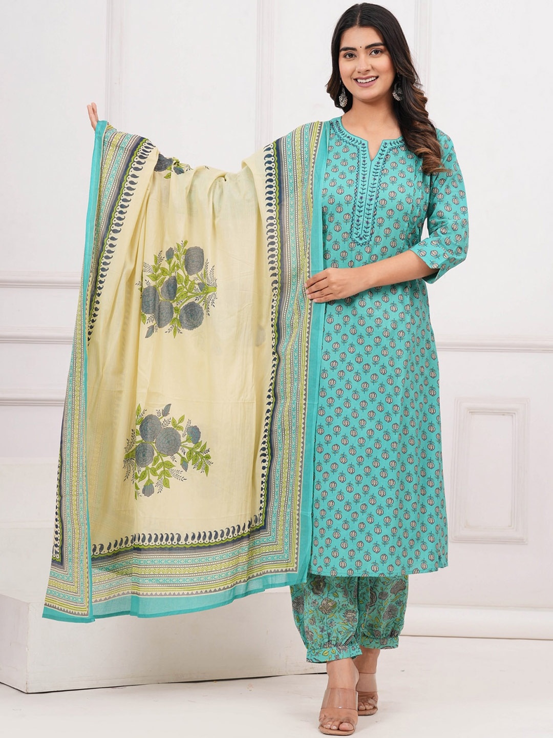 

KALINI Ethnic Motifs Printed Regular Pure Cotton Kurta with Salwar & Dupatta, Blue