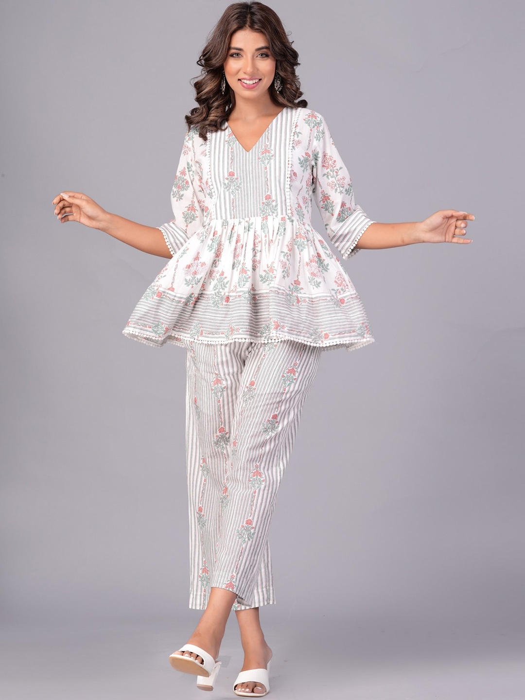 

KALINI Floral Printed Pure Cotton Kurti With Trouser, White