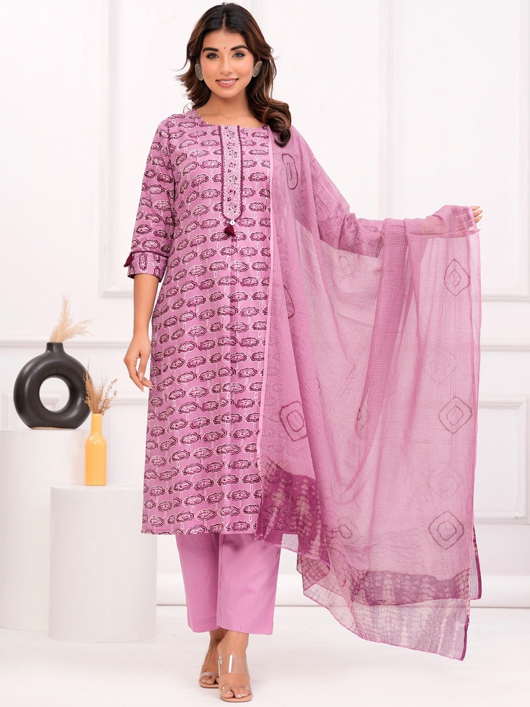 

KALINI Printed Regular Thread Work Pure Cotton Kurta with Trousers & Dupatta, Purple