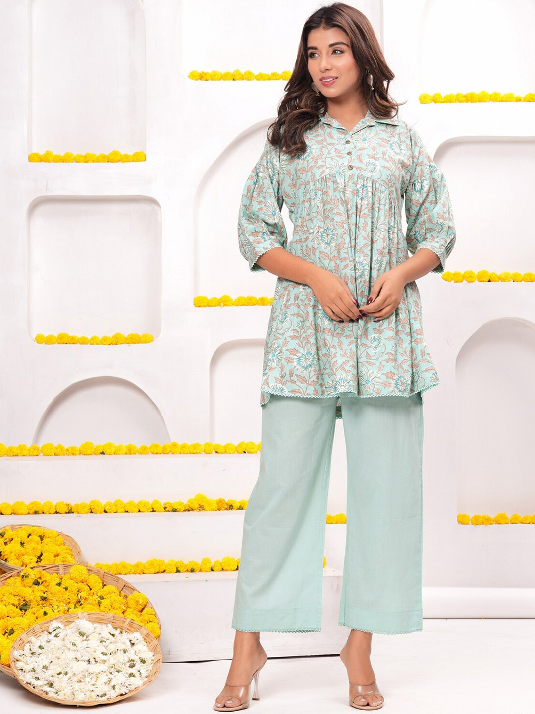 

KALINI Floral Printed Pure Cotton Kurti With Trouser, Blue