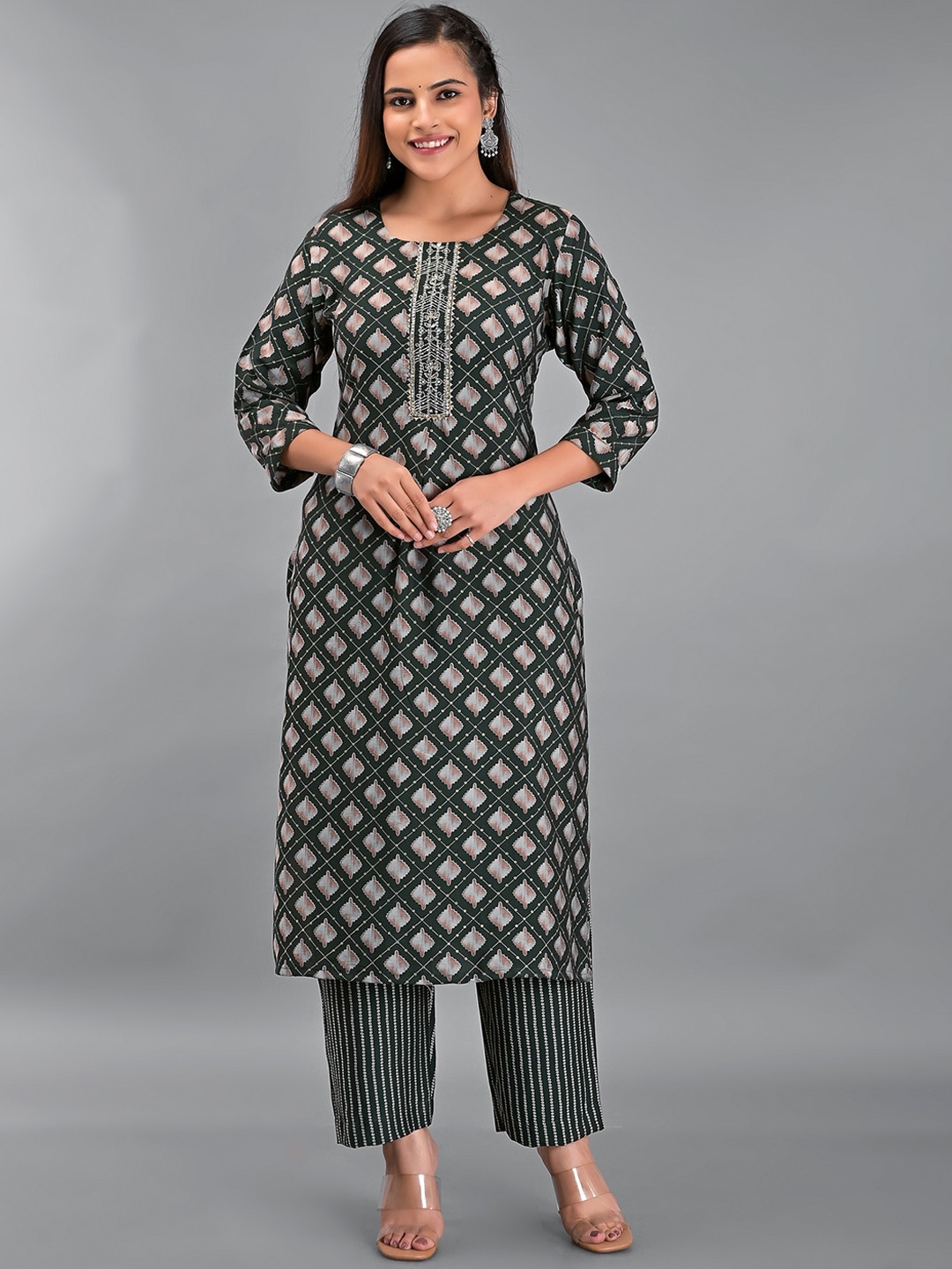 

KALINI Geometric Printed Regular Sequinned Kurta With Trousers & Dupatta, Green