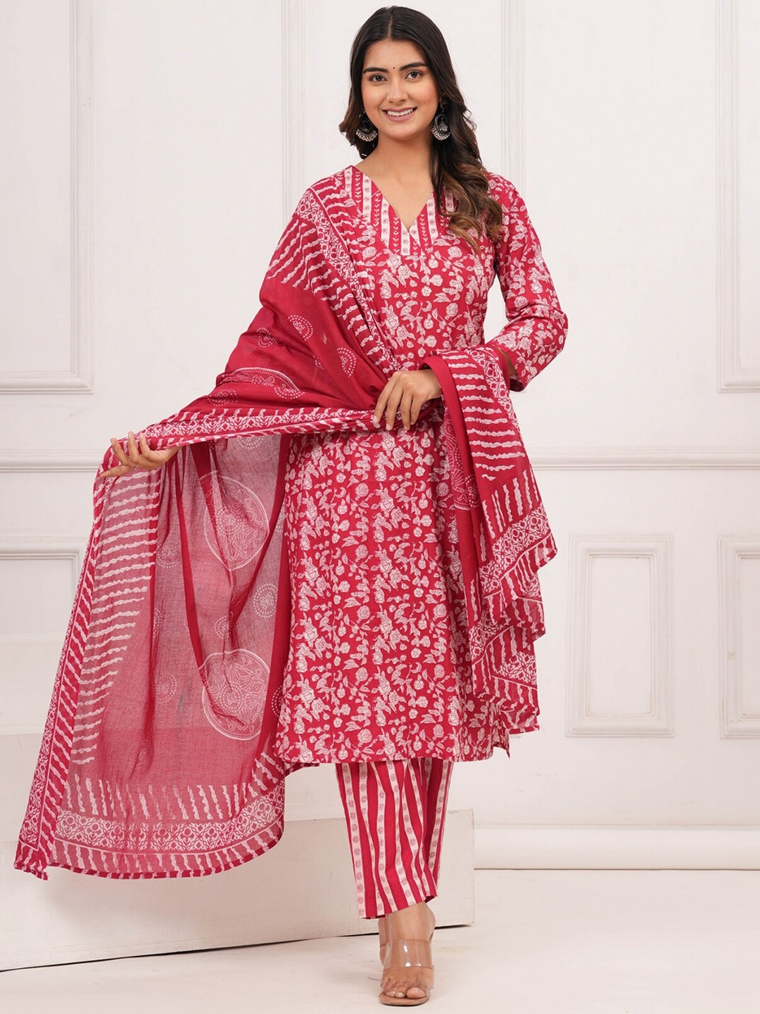 

KALINI Floral Printed V-Neck Regular Pure Cotton Kurta With Trousers & Dupatta, Red