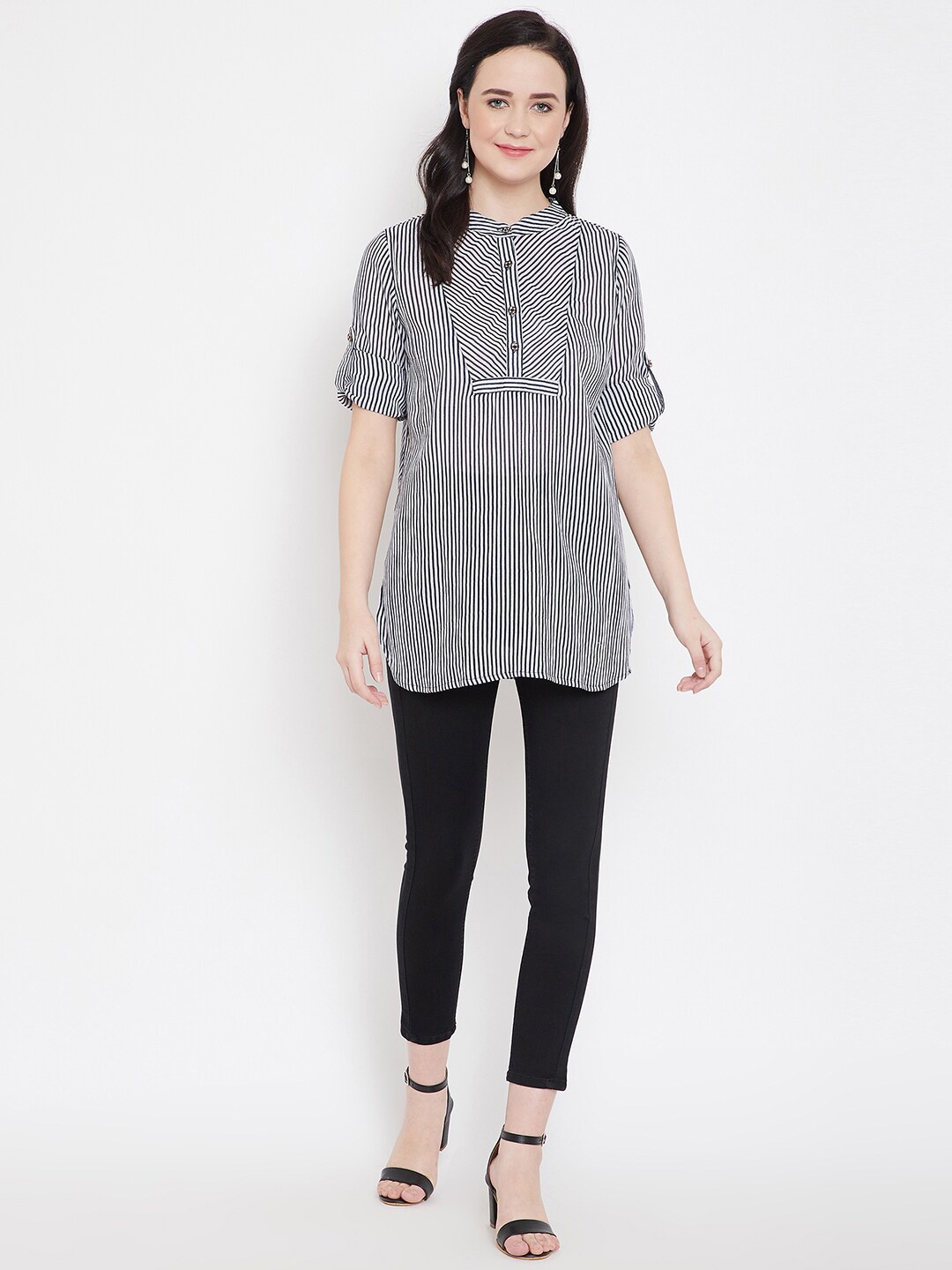 

Ruhaans Striped Mandarin Collar Cotton Tunic, White
